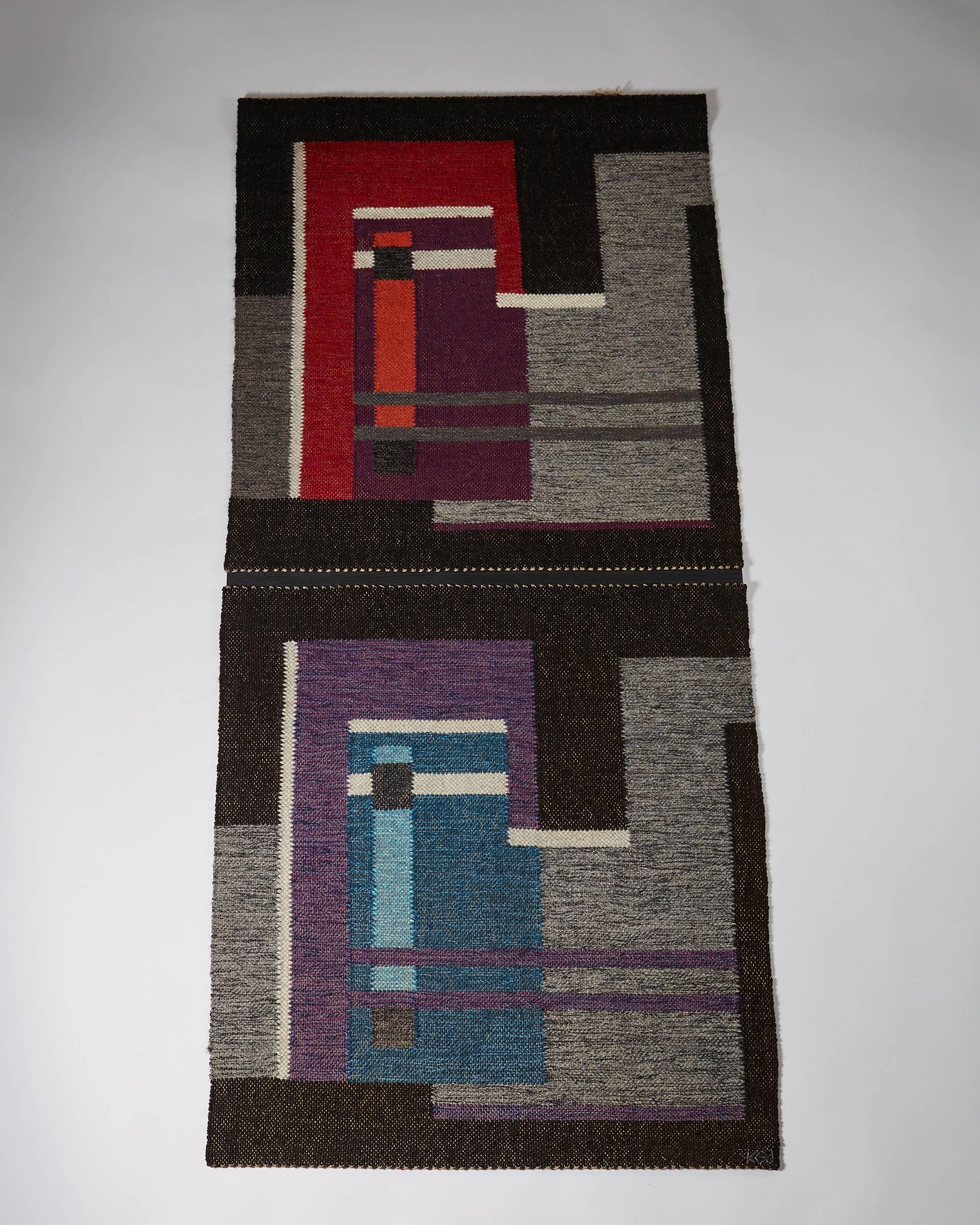 Tapestry “Kölighedens Varme” by Kirsten Gregers Jensen, 
Denmark, 1950s. 
Handwoven wool on wooden panels.

Signed KGL.

Measures: H 185 cm/ 6' 1 1/4