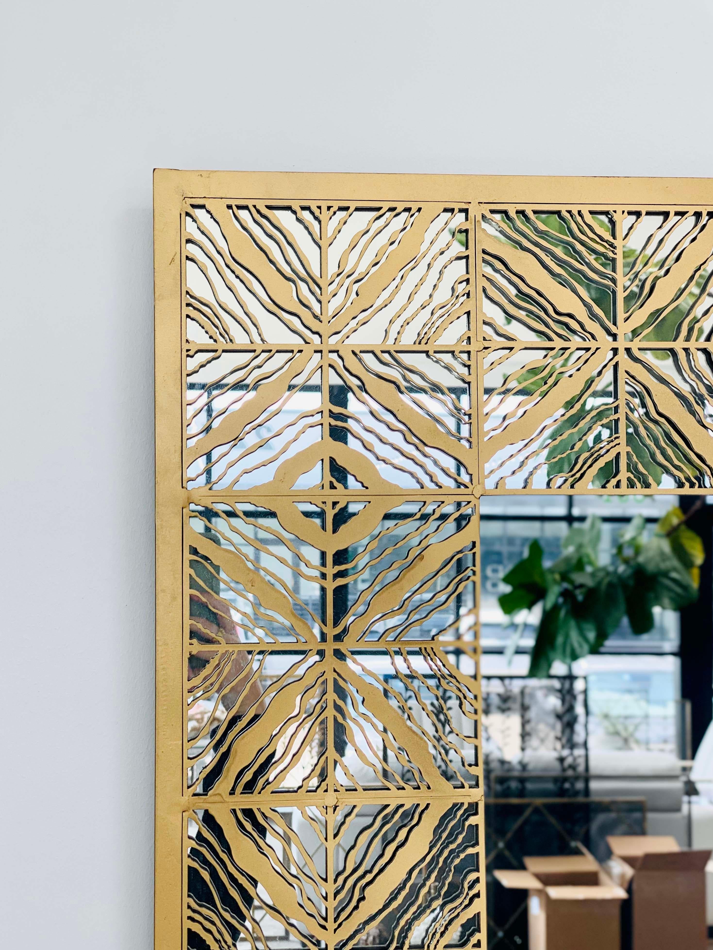Inspired by an ancient quilt, the geometric pattern that repeats to create mirror frame can also be built in custom sizes, The Tapestry mirror shown here is available and in our Pure Gold finish.

Dimensions: 36