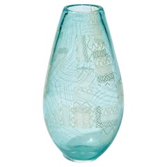 Tapestry No 16, a patterned jade green & white glass vase by Scott Benefield
