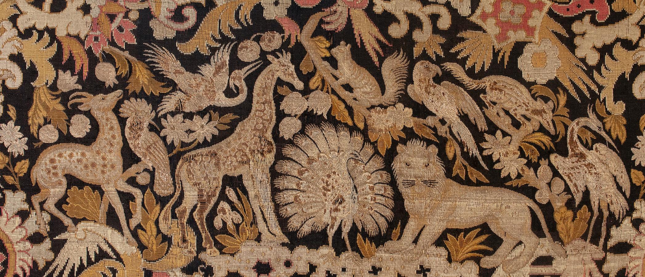 Folk Art Tapestry Peacock, Girafe, Lion, Deer, Exotic Birds Floral Folk Naive For Sale