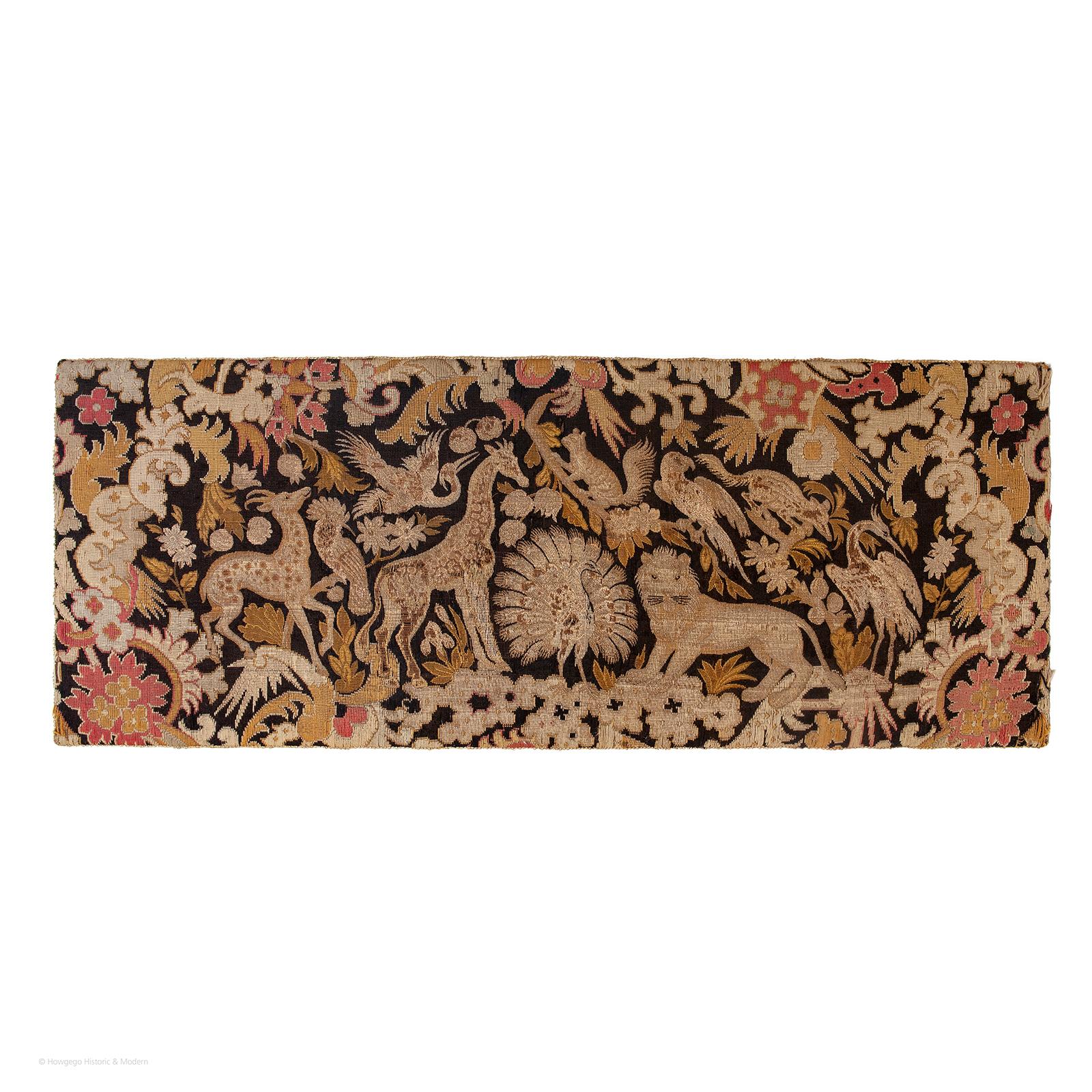 Tapestry Peacock, Girafe, Lion, Deer, Exotic Birds Floral Folk Naive For Sale
