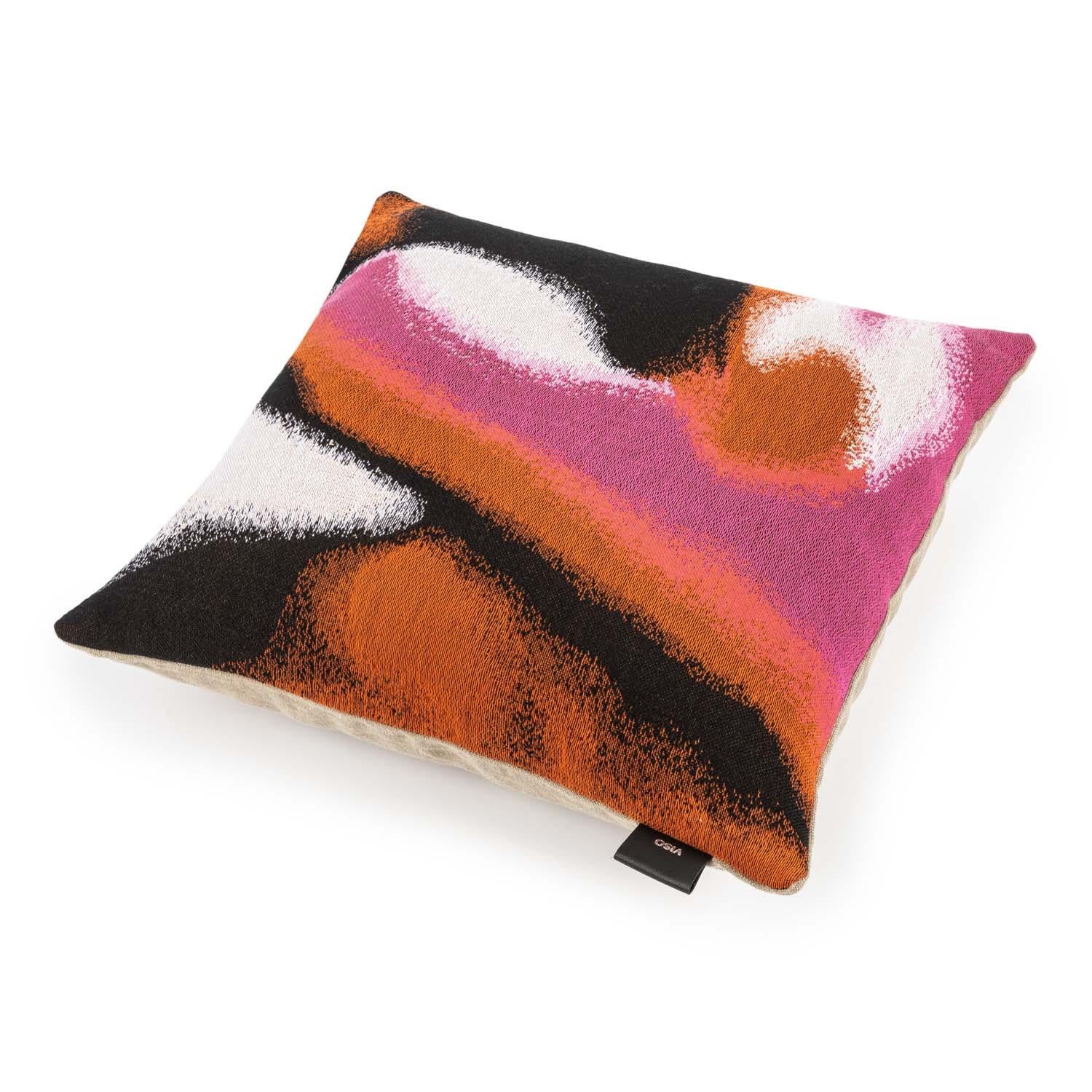 These tapestry series turns textile to art. A meticulously crafted three-layer Jacquard produced in France, these pillows are finished expertly by hand to create a subtle three-dimensional effect. In either a groovy pink and red color combination or