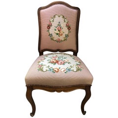 Tapestry Pink Flower French Chair, Louis XV Carved Wood, France ON SALE