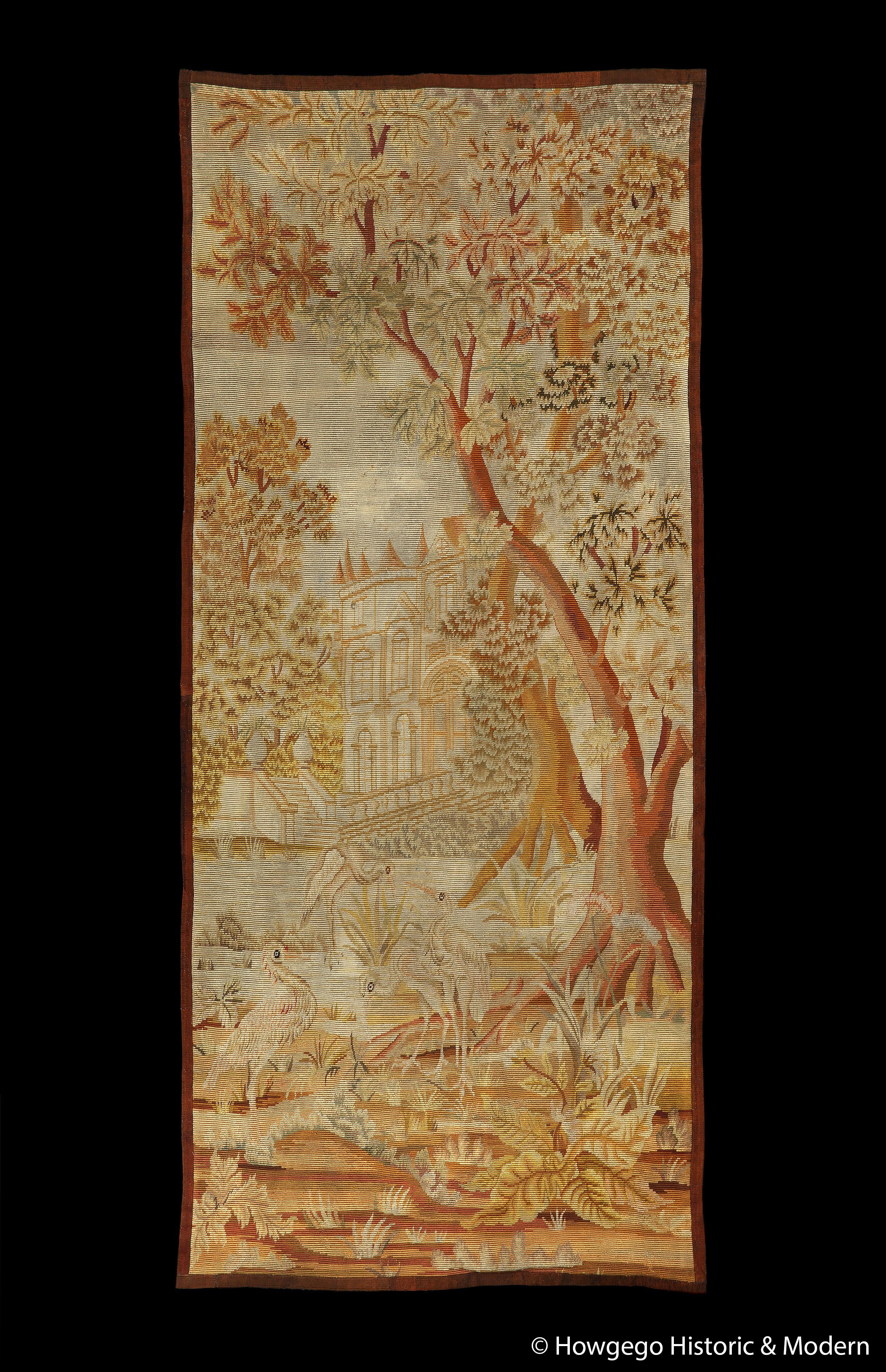 -Attractive tapestry unusually depicting a large Baroque country house or mansion with turrets in the background
-The four exotic birds in the foreground are a charming feature, they could be domestic birds such as herons or cranes as their bodies