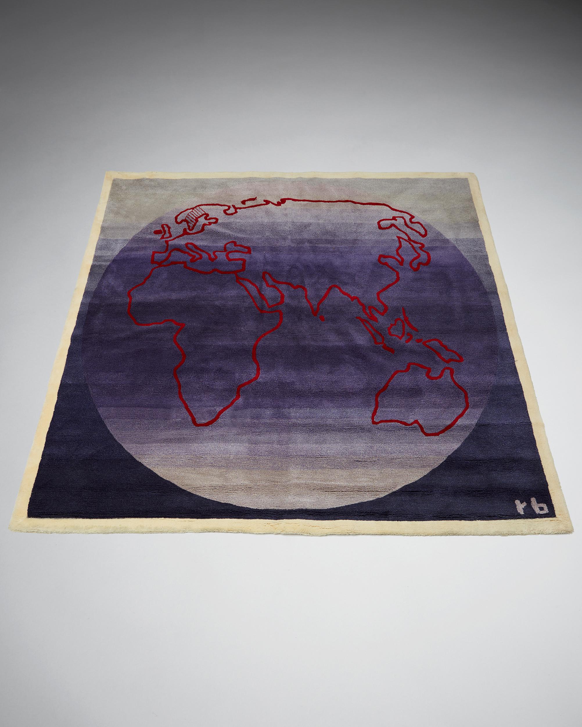 Tapestry/Rug by Rolf Brenner, 
Sweden, 1990.

Hand-tufted wool. Showing the world map.

Signed 'RB'.

Measures: H 270 cm/ 8' 10 3/4''
W 260 cm/ 8' 6 5/8''.