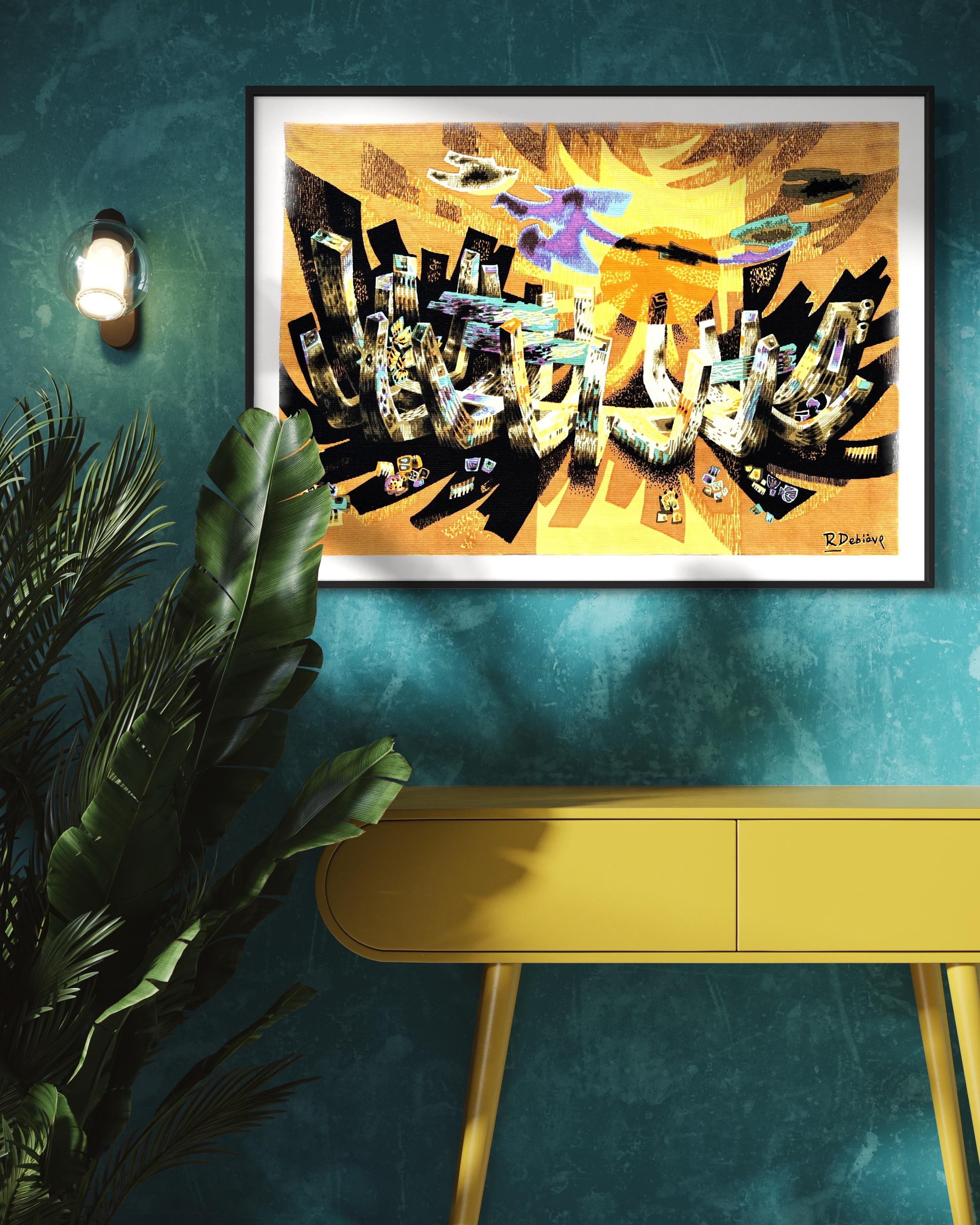 Robert DEBIEVE Lumière Marine, 1975. Printing on fabric. Signed and numbered 308/500 on the bolduc on the reverse. 103 x 150 cm.
With certificate of authenticity and author's signature on the back.

Tapestry, screen print on canvas, by Robert