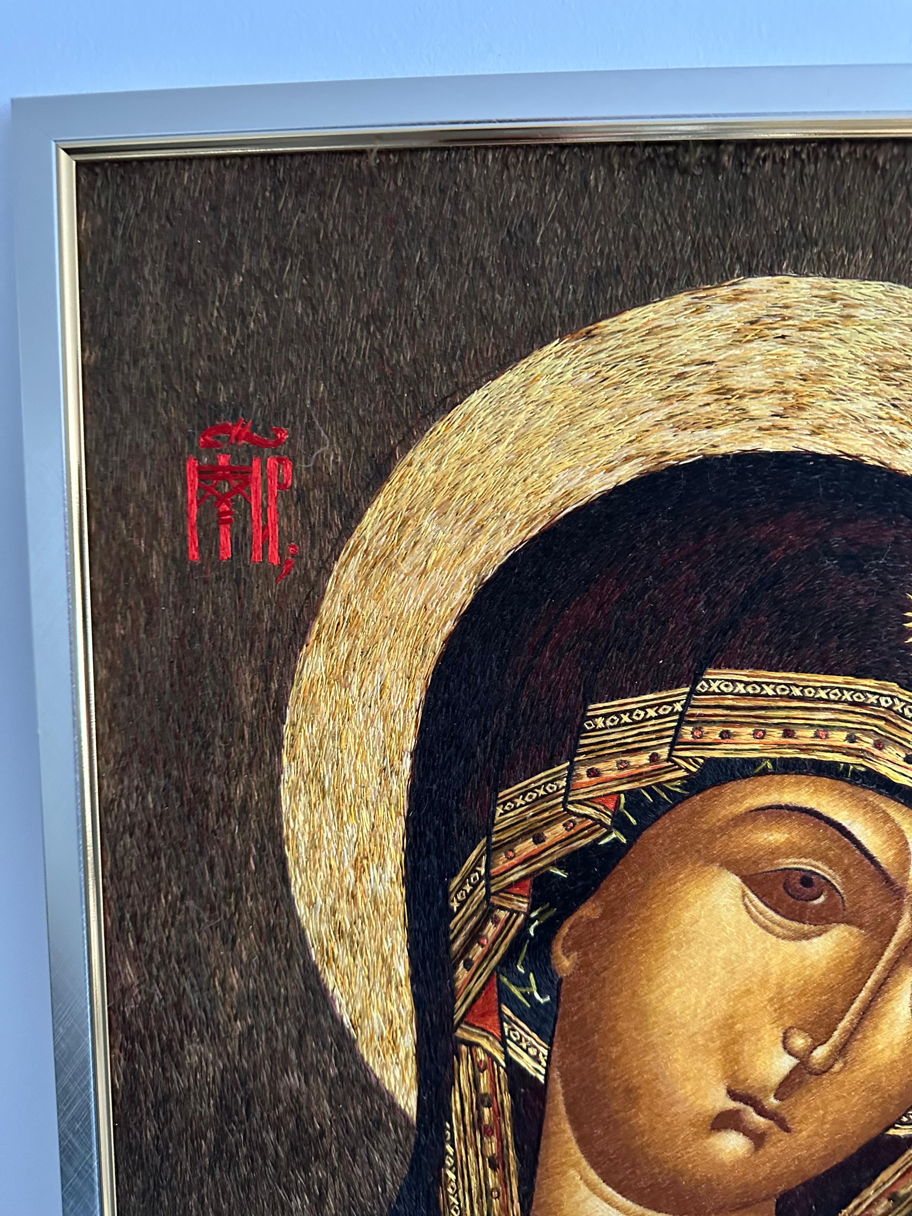 Wall Decoration Silk Embroidered Tapestry Icon 
'Mother of God with Baby Jesus in Her Arms'
Introducing our exquisite silk tapestry  12 century icon replica, featuring fine silk embroidery and expert craftsmanship. This stunning piece comes