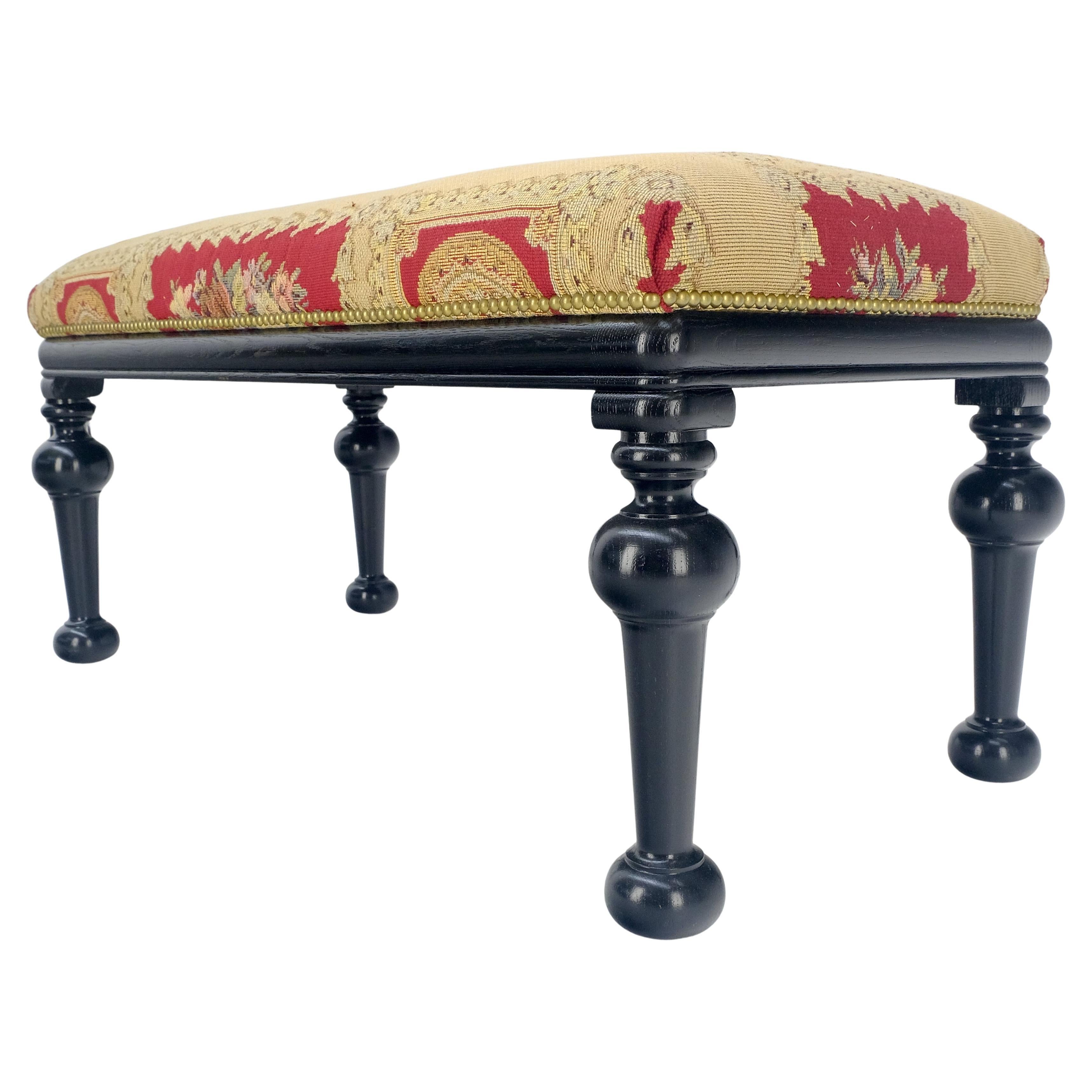 Tapestry Upholstery Massive Turned Black Lacquer Legs Window Bench MINT For Sale