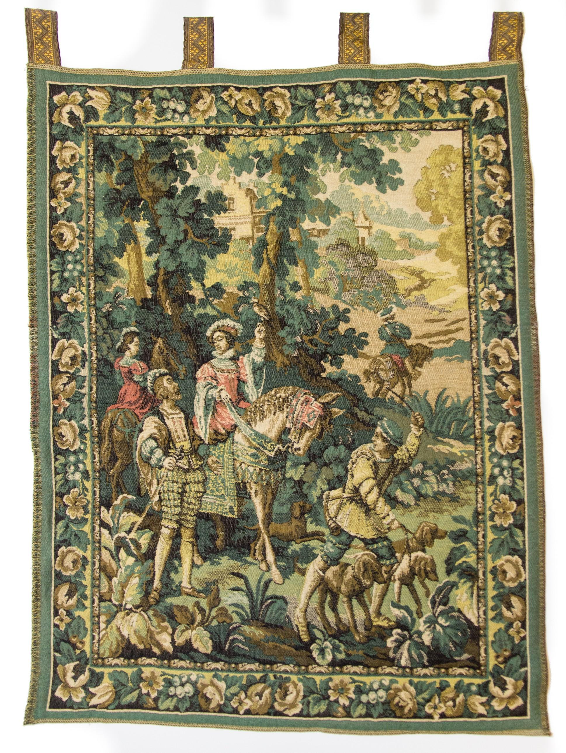 This colorful vintage tapestry shows the European hunting scene in the 18th century.
It is 100% wool quilted and comes with 4 loops for easy hanging. 
This wall-hanging tapestry is made in Belgium approx. in the second half of the 20th Century; it