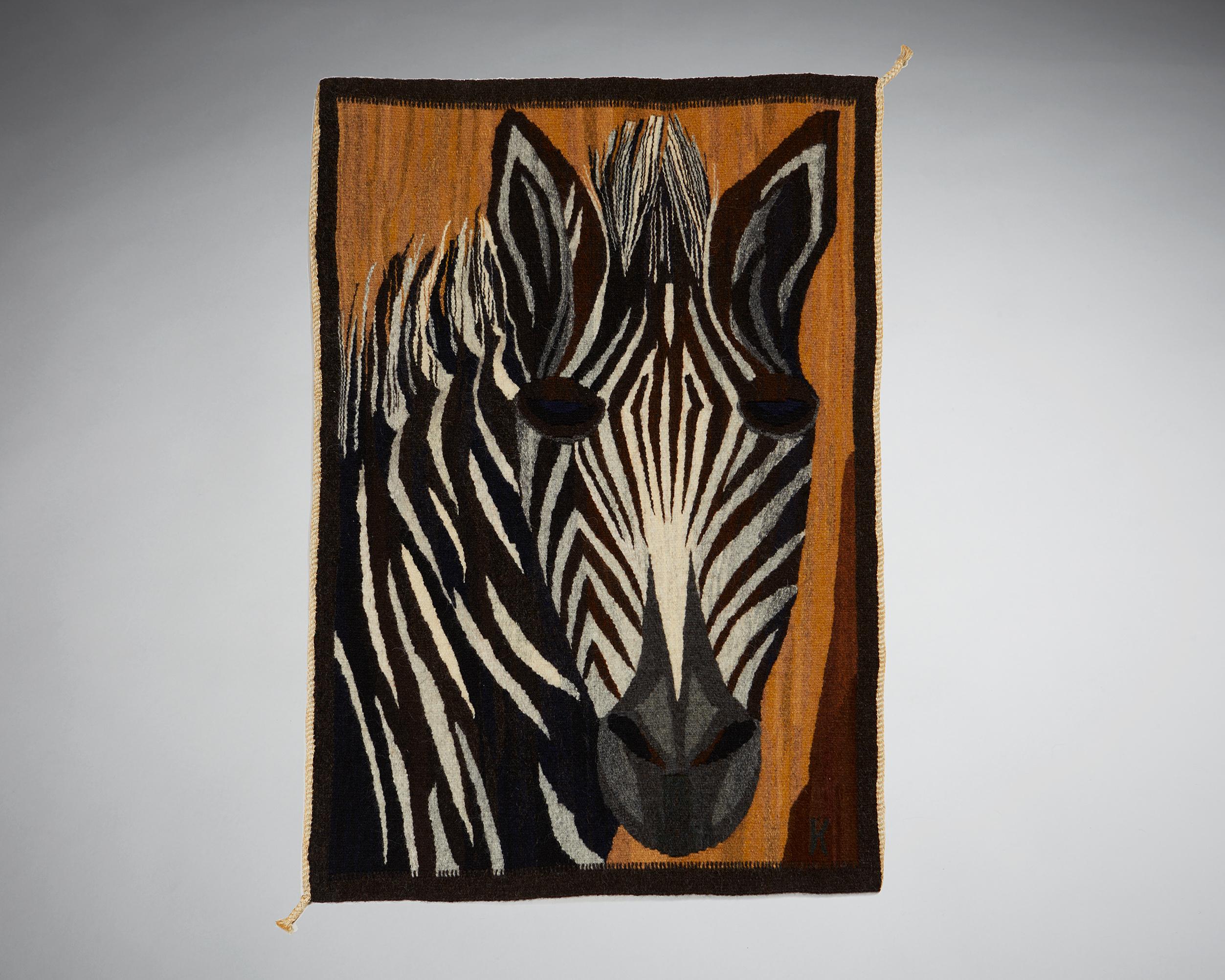 Tapestry ‘Zebra’ attributed to Kerstin Bäckman,
Sweden. 1970s.
Hand woven.

Signed.

H: 73 cm / 2' 4 3/4