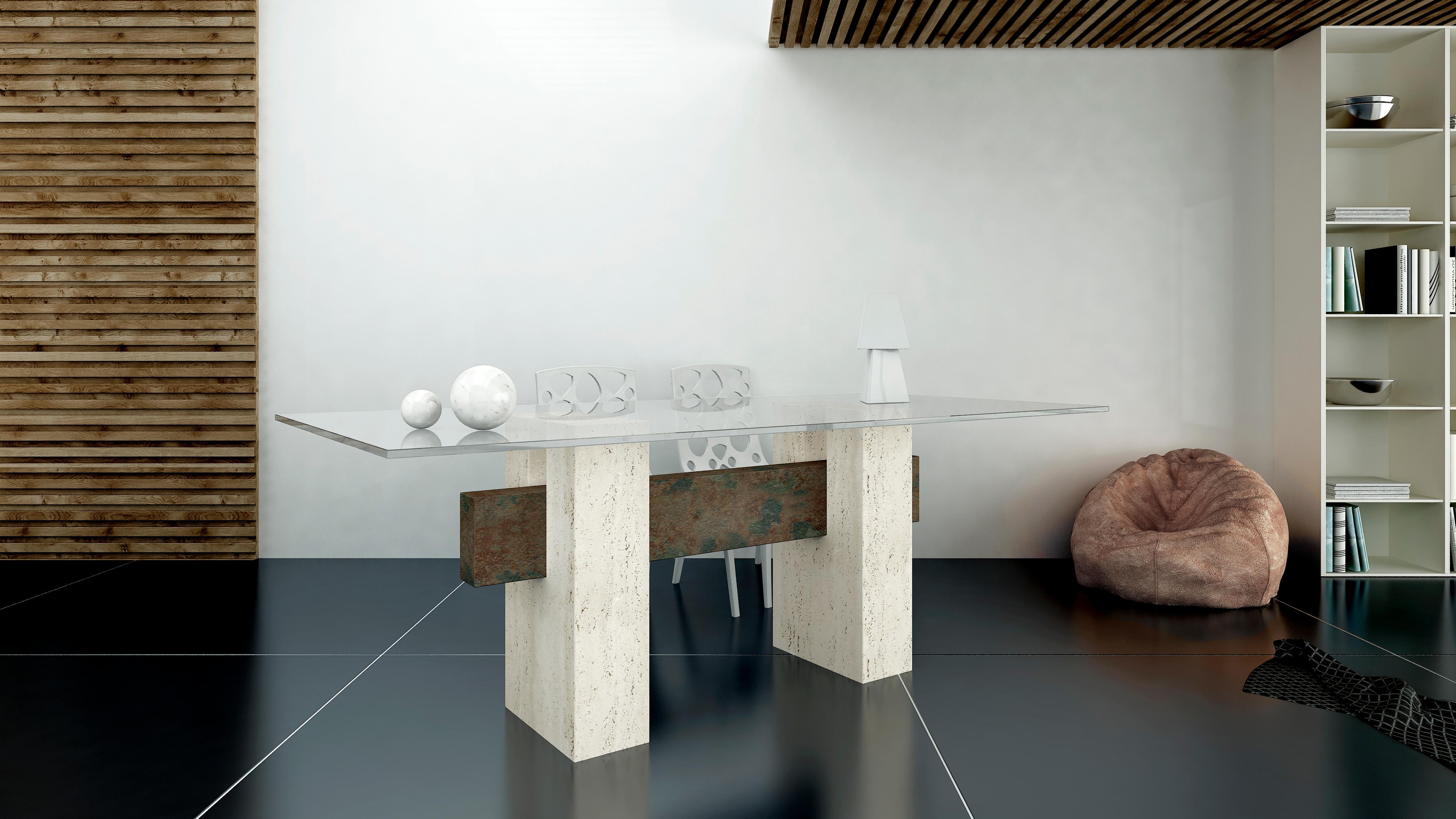 The Tapies dining table in natural travertine marble is an exclusive design by Joaquín Moll for Meddel Archivo Collection.
Marble table design, contemporary style, made of Roman travertine marble combined with oxide slate and glass top.
The table is