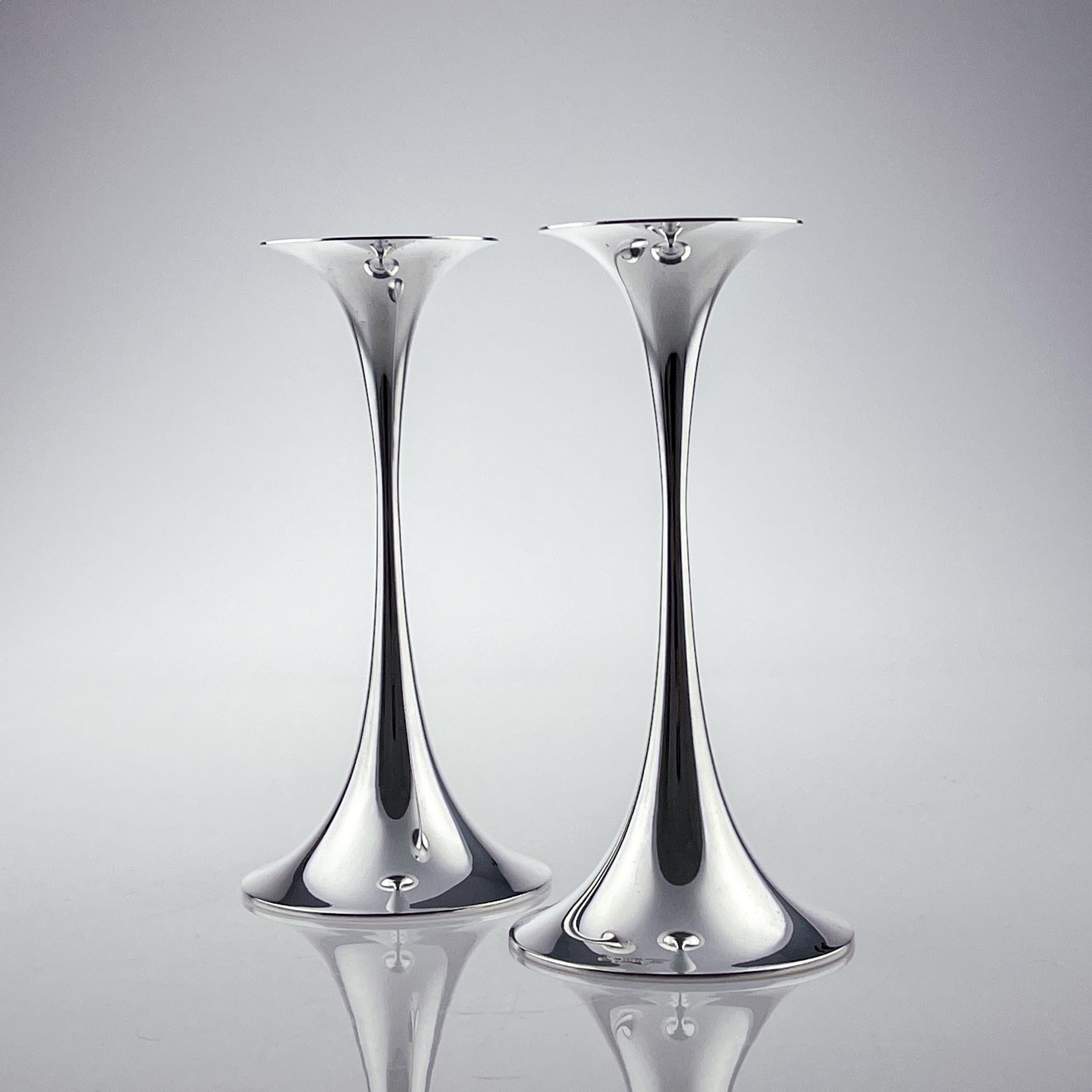 Scandinavian Modern Tapio Wirkkala, a Largest Size Pair of Silver “Trumpetti” Candlesticks, 1982