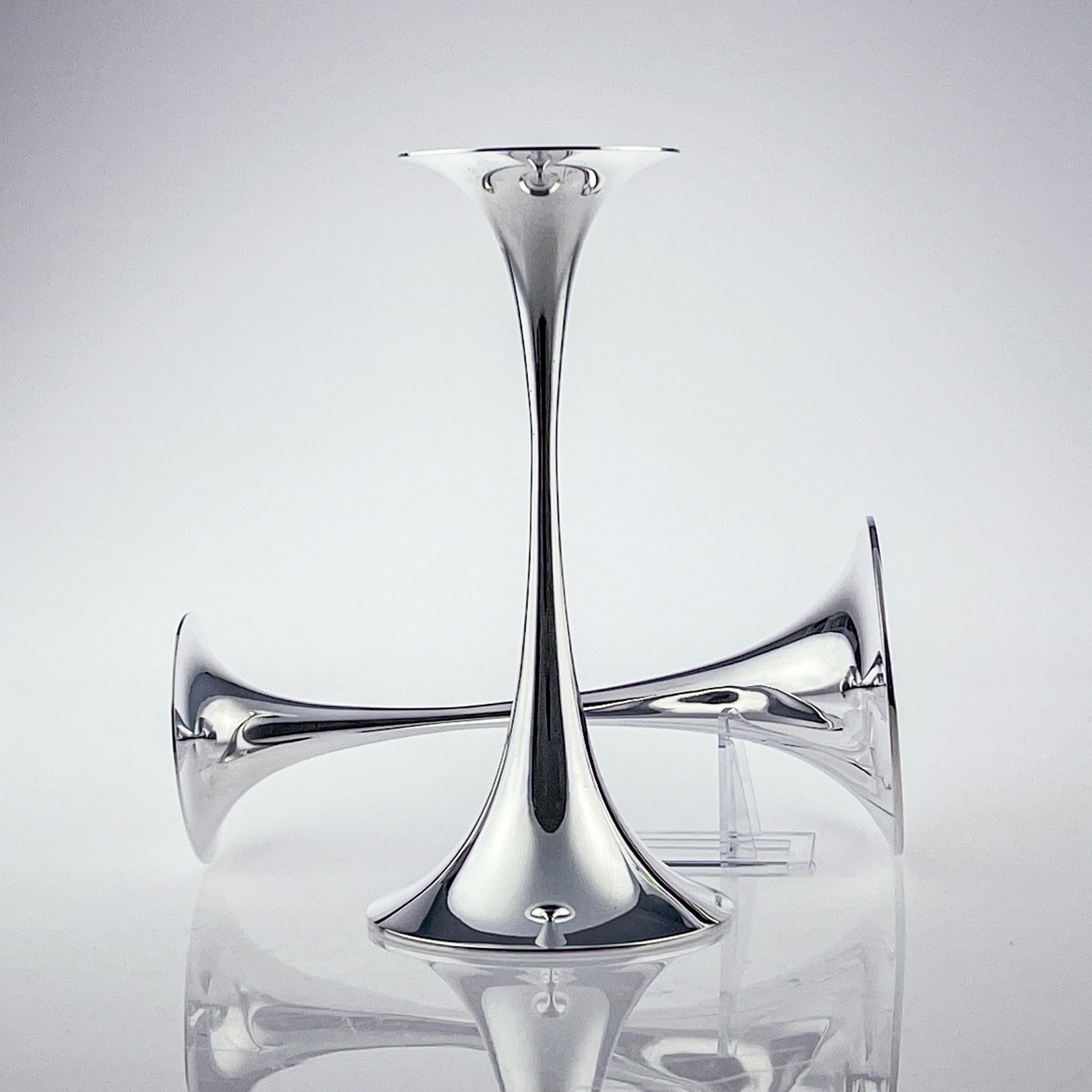 Polished Tapio Wirkkala, a Largest Size Pair of Silver “Trumpetti” Candlesticks, 1982