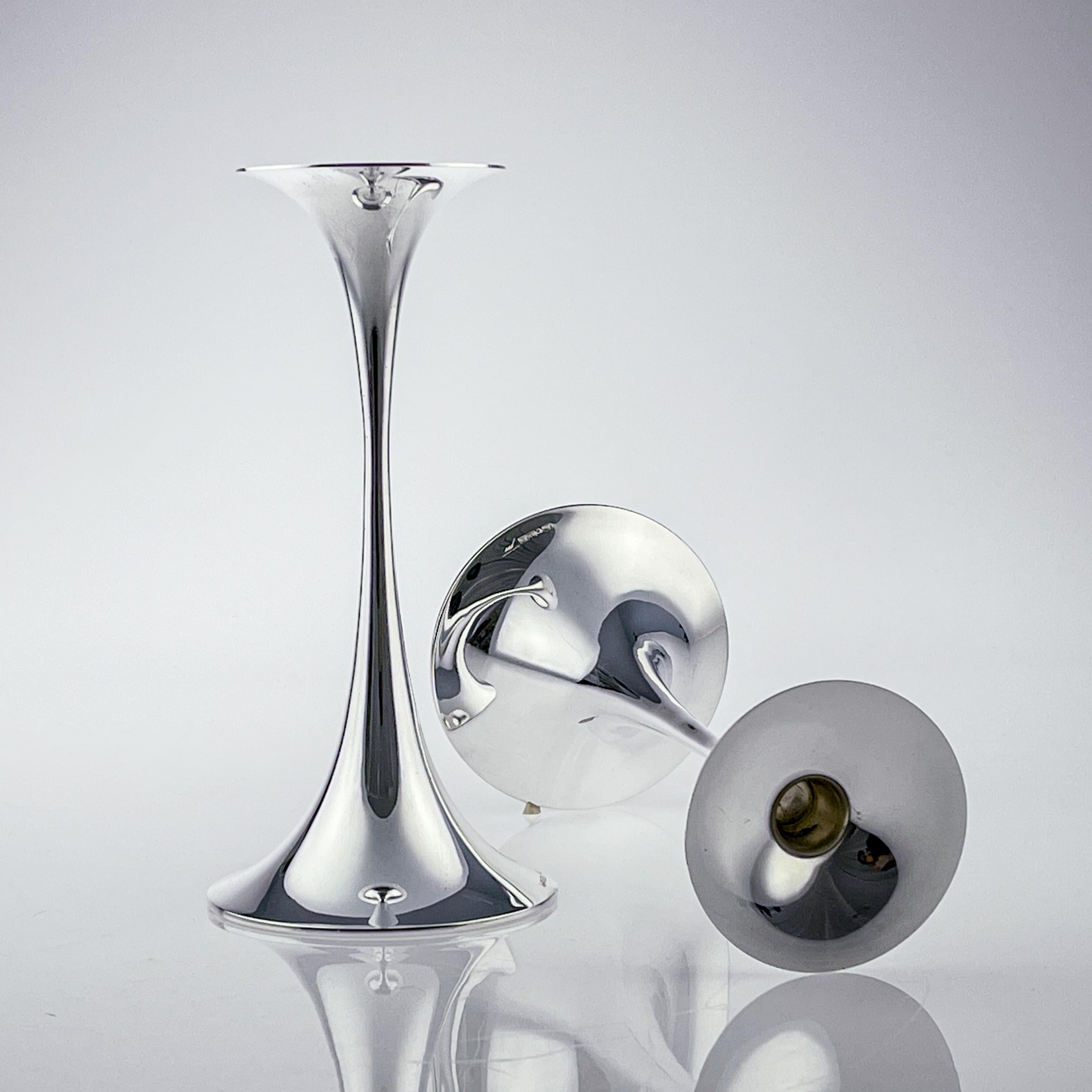 Late 20th Century Tapio Wirkkala, a Largest Size Pair of Silver “Trumpetti” Candlesticks, 1982