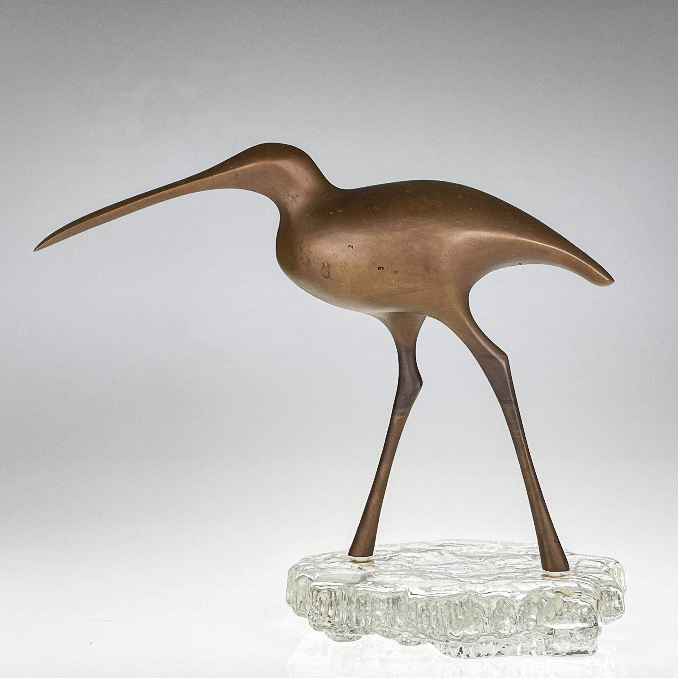 Finnish Scandinavian Modern Tapio Wirkkala Patinated Bronze Birdsculpture on Glass Stand