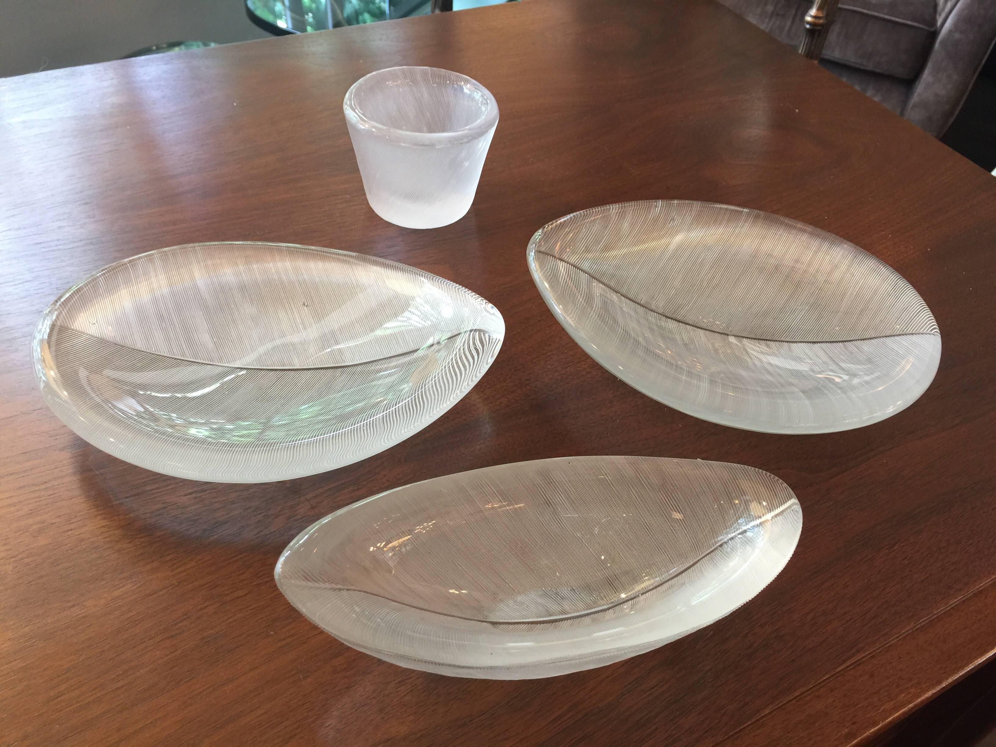 Finnish Tapio Wirkkala Line Cut Leaf Art Glass Objects/Bowls, Signed For Sale
