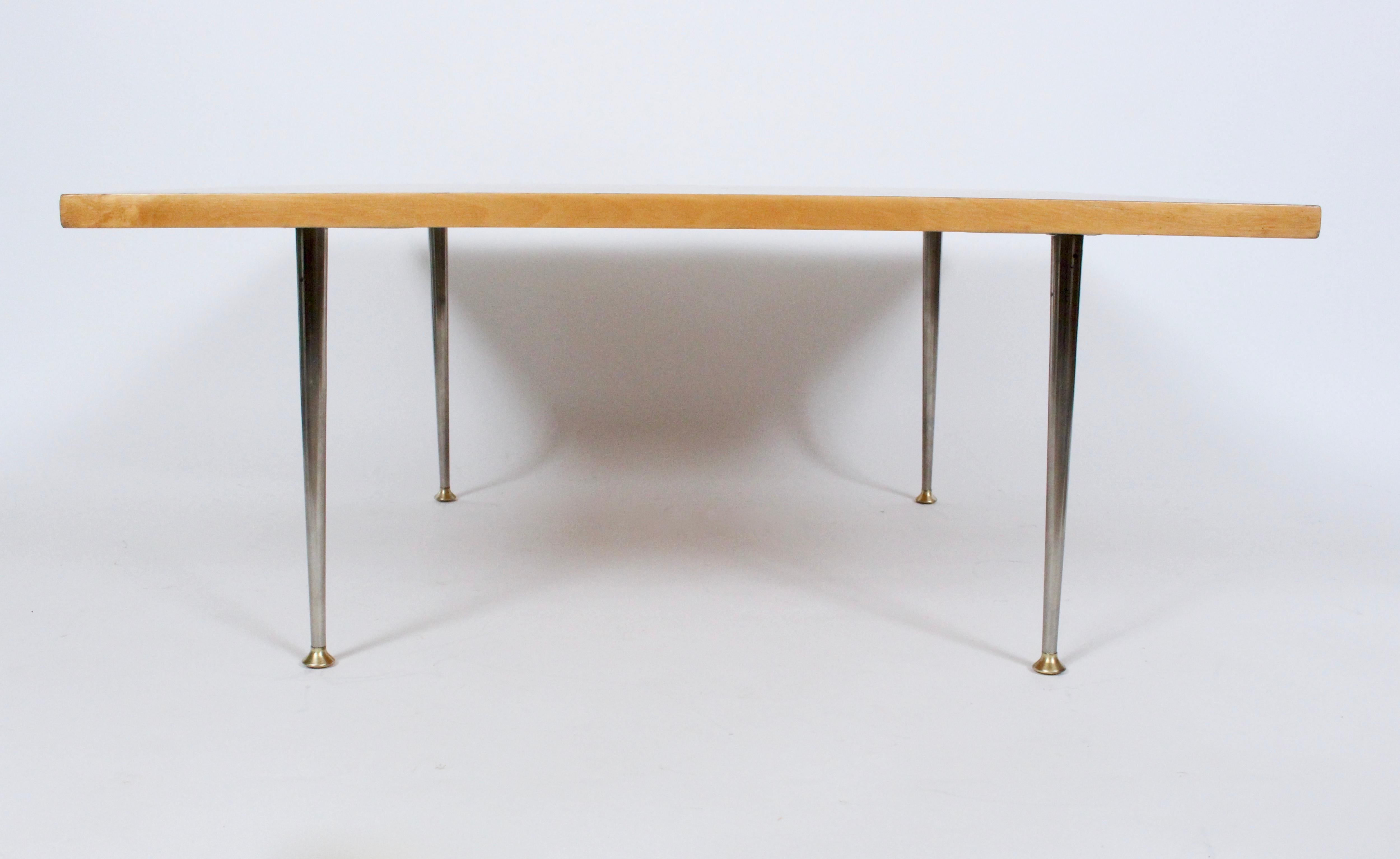 Tapio Wirkkala Asko Finland birch and exotic wood veneer coffee table, circa 1958. Featuring a squared multi layered wood surface, supported by four chrome-plated steel legs and brass capped feet. Legs unscrew. As seen in 