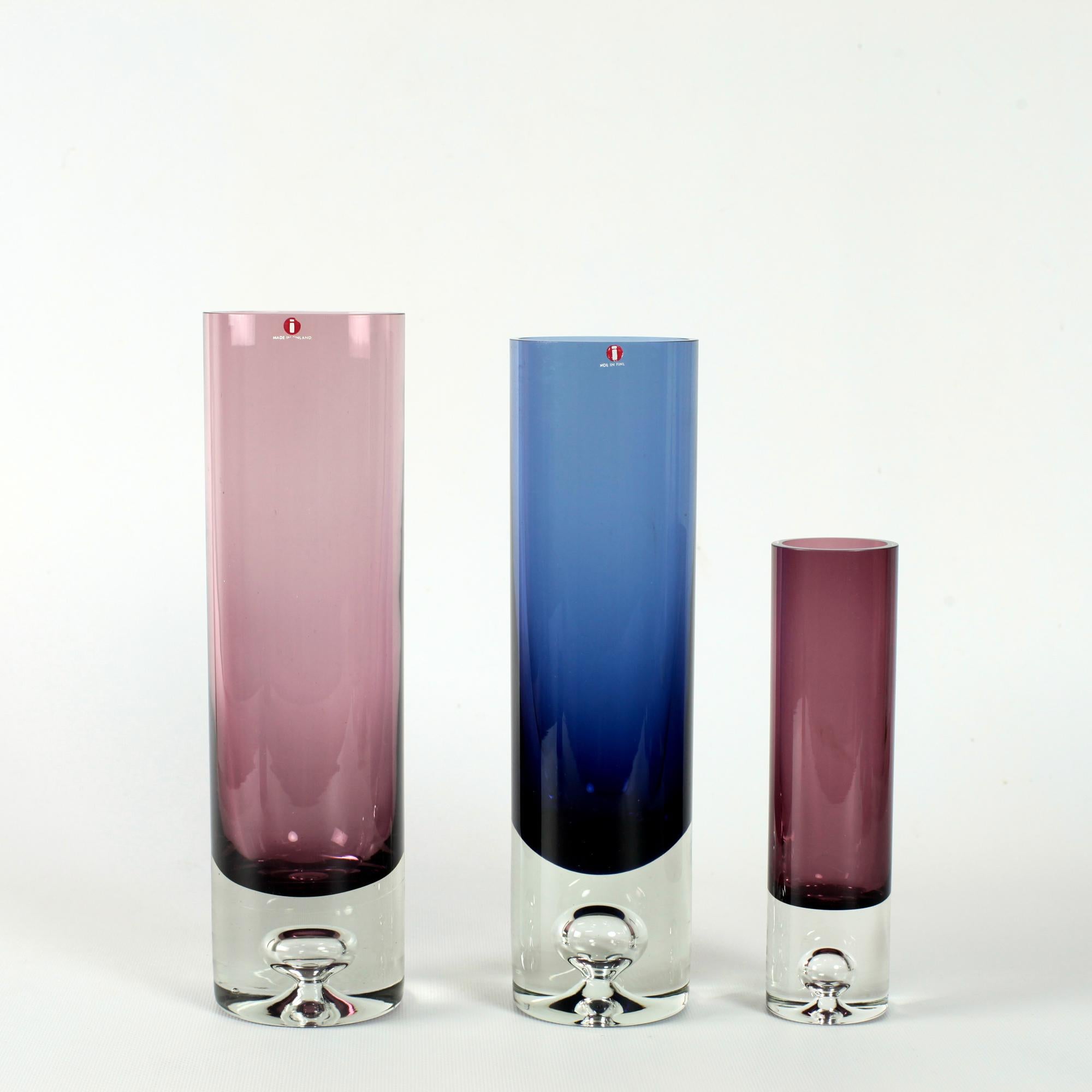 Mid-Century Modern Tapio Wirkkala for Iittala Finland Set of 3 Colored Glass Vases For Sale
