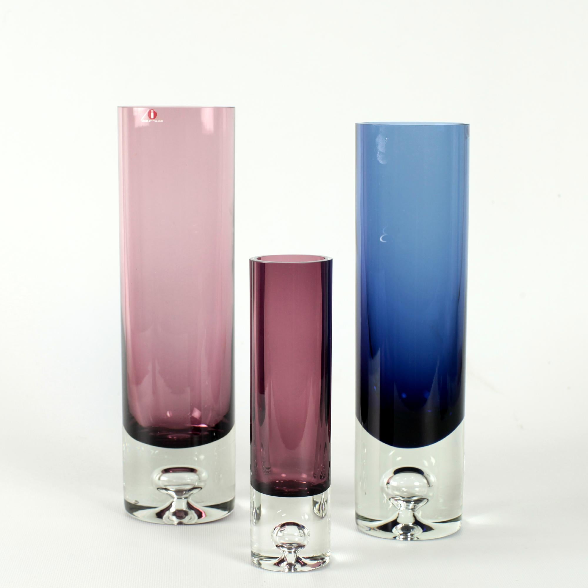 Finnish Tapio Wirkkala for Iittala Finland Set of 3 Colored Glass Vases For Sale