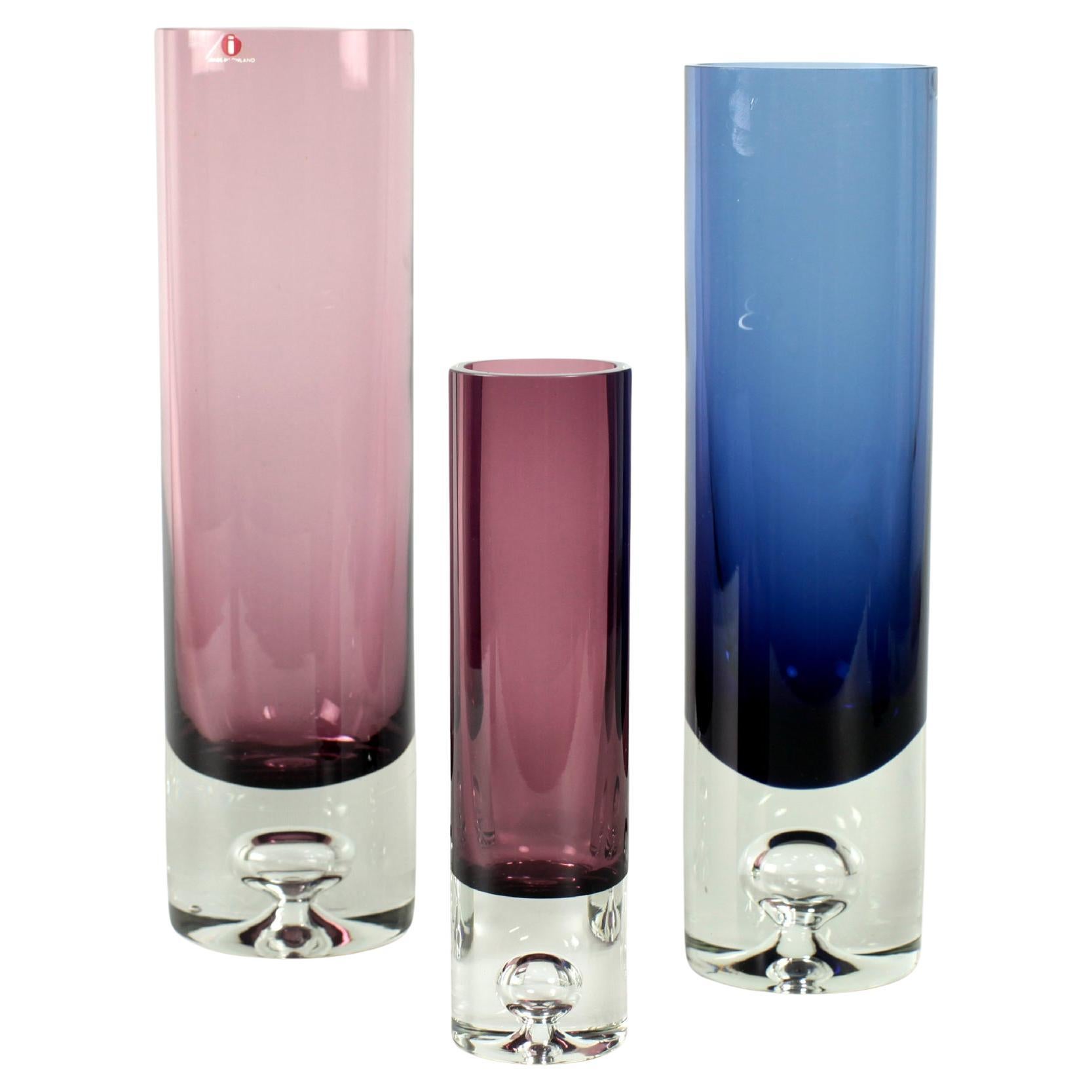 Tapio Wirkkala for Iittala Finland Set of 3 Colored Glass Vases For Sale