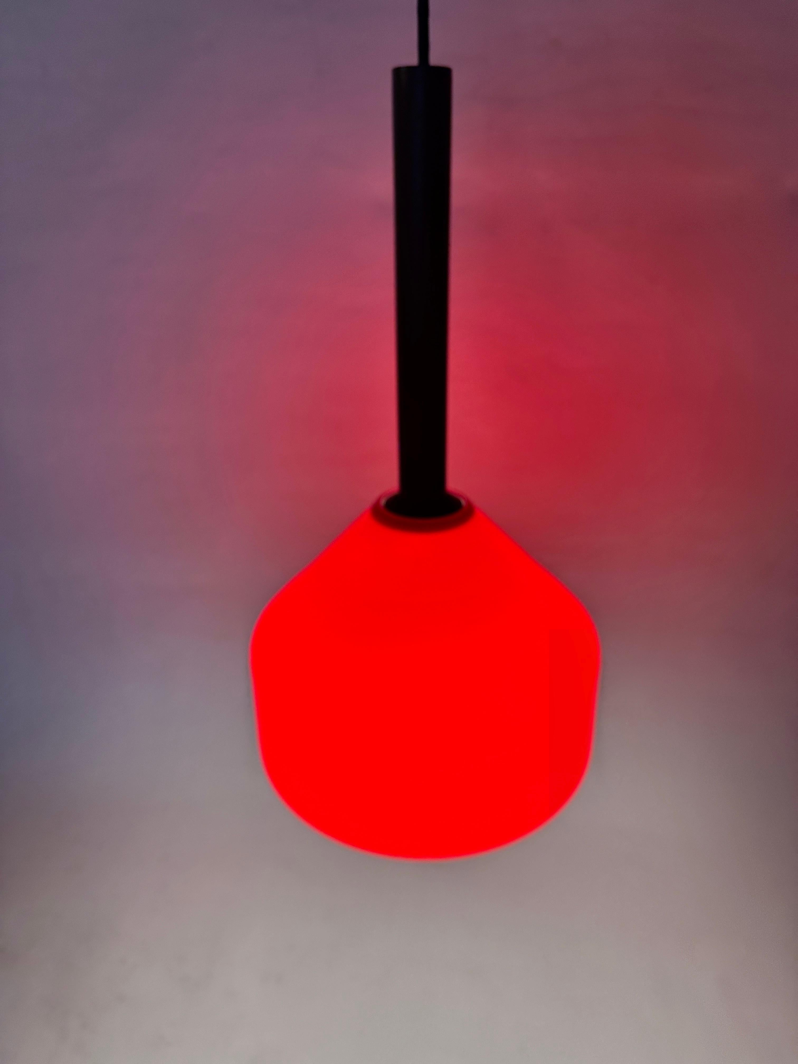 Tapio Wirkkala Hanging Teak Lamp with Red Vistosi Glass Shade, 1950s For Sale 6
