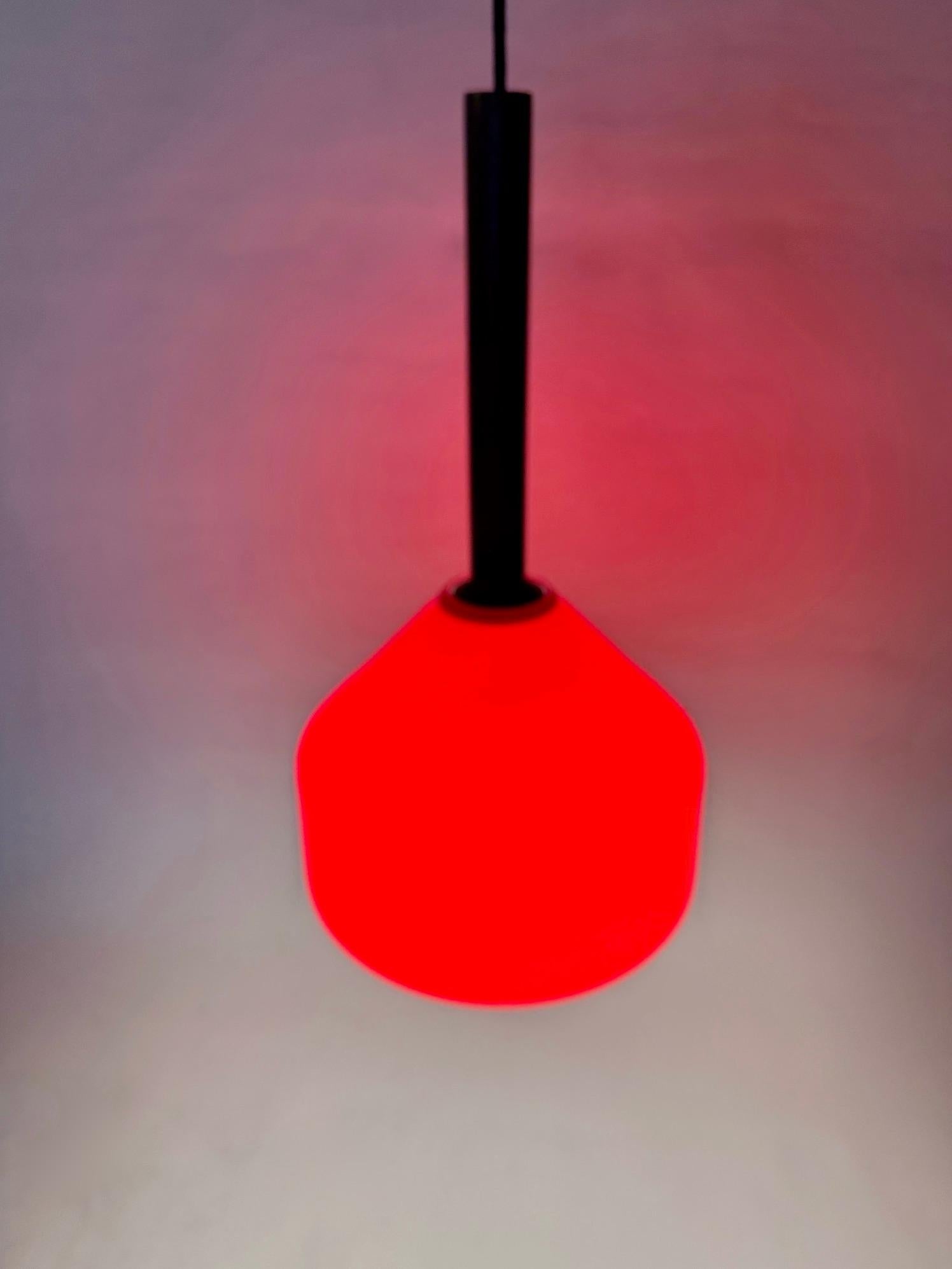 Tapio Wirkkala Hanging Teak Lamp with Red Vistosi Glass Shade, 1950s In Good Condition For Sale In Bainbridge, NY