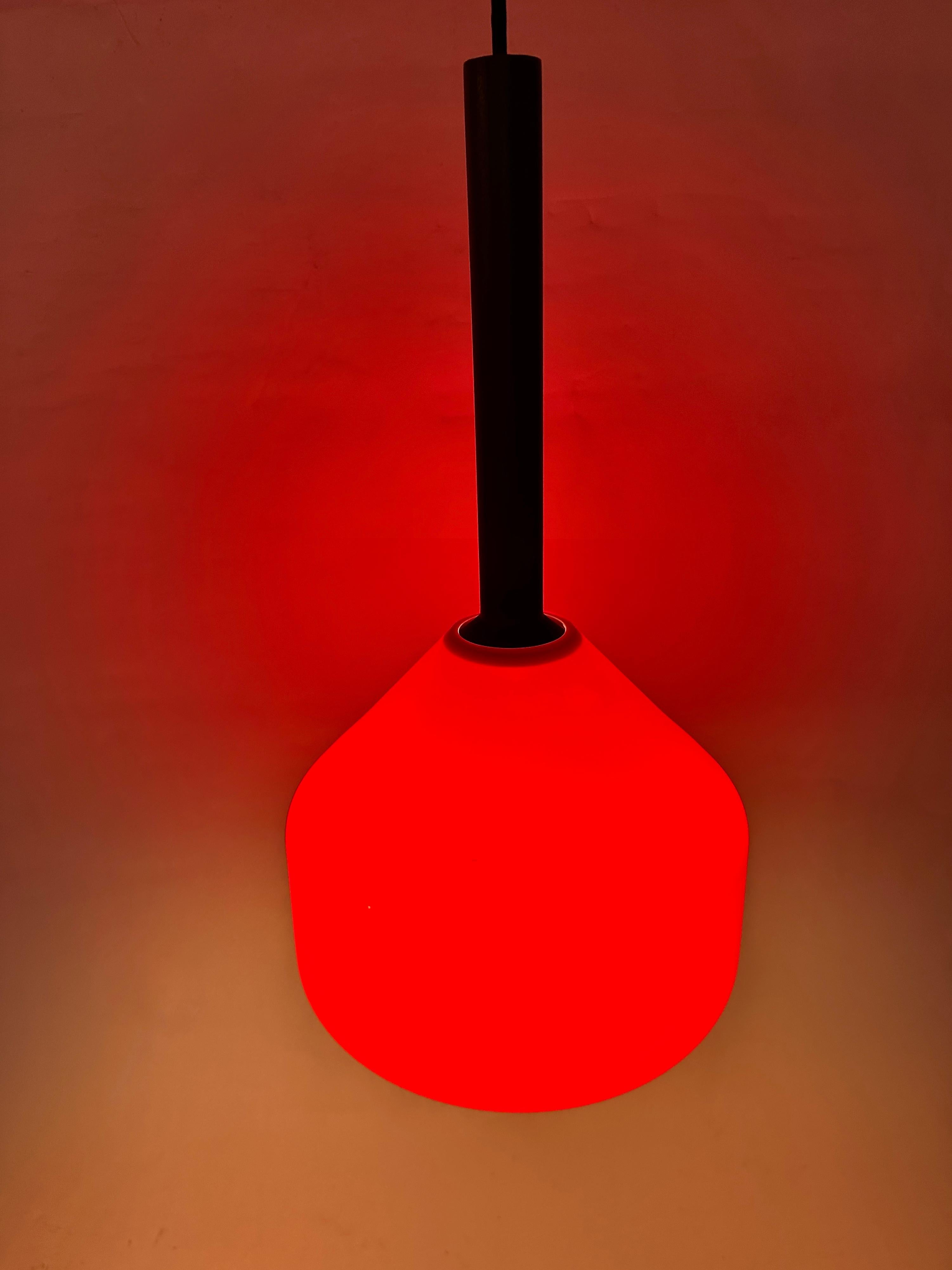 Finnish Tapio Wirkkala Hanging Teak Lamp with Red Vistosi Glass Shade, 1950s For Sale