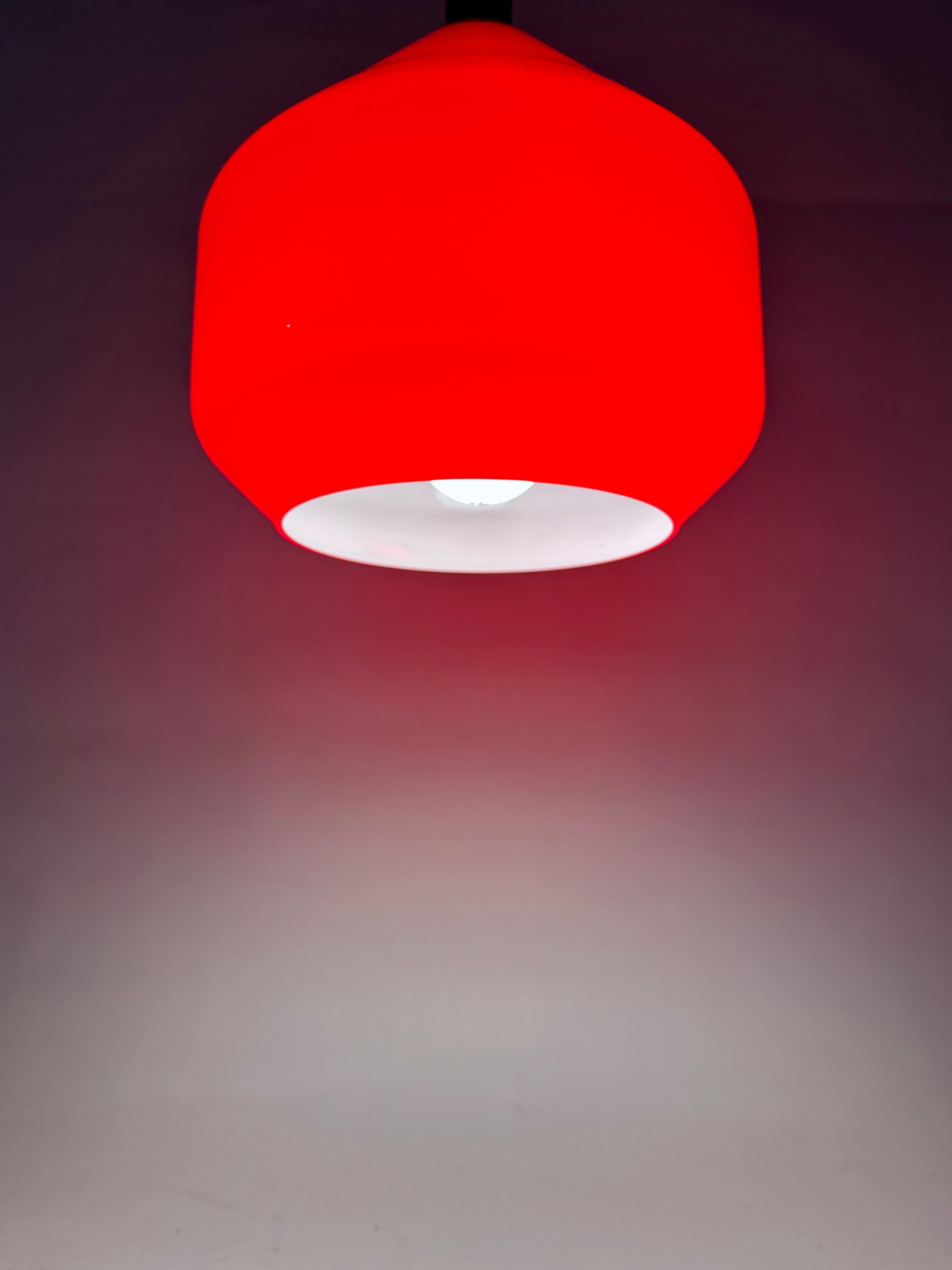 Tapio Wirkkala Hanging Teak Lamp with Red Vistosi Glass Shade, 1950s For Sale 2