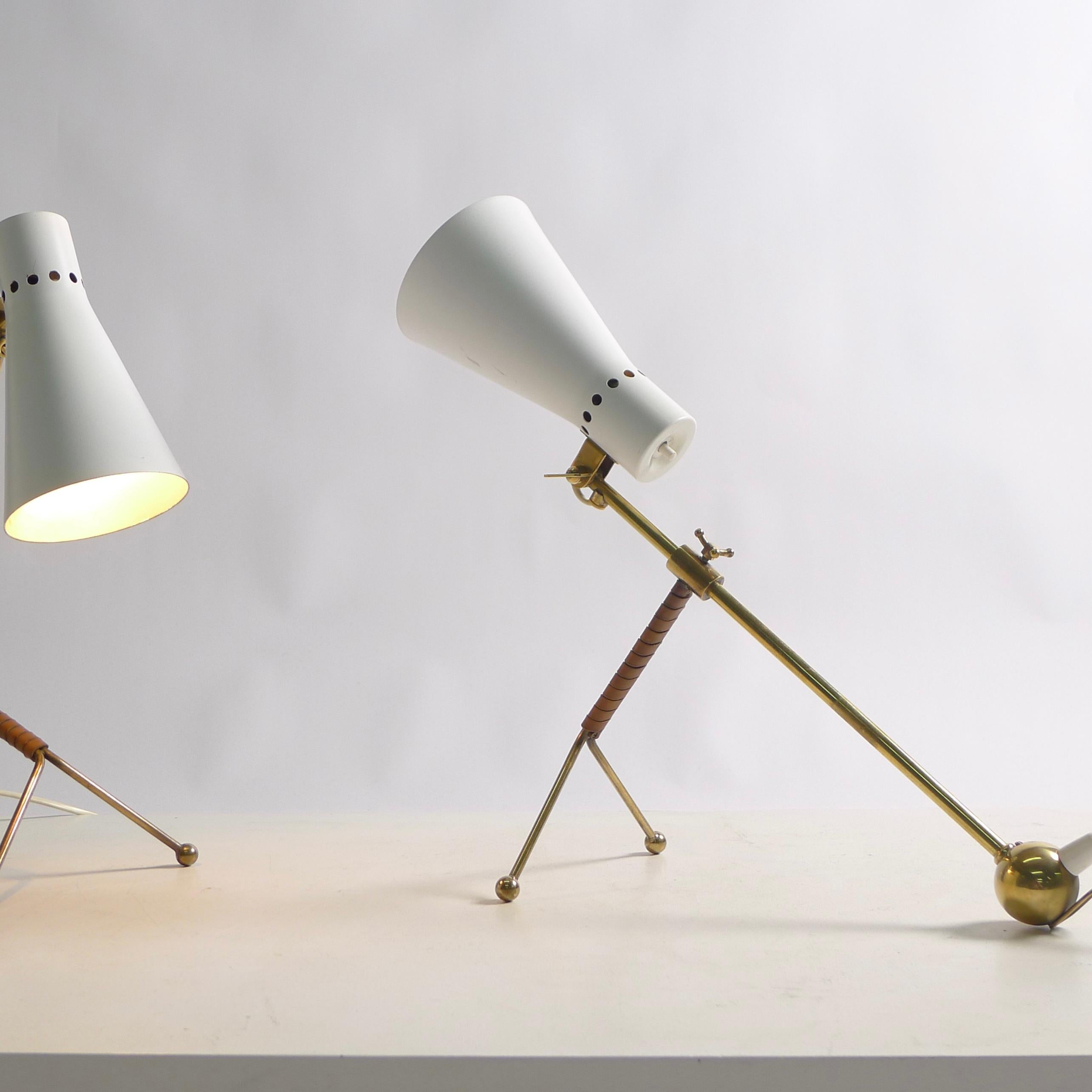 Tapio Wirkkala K11-16 desk or table light, fully adjustable, designed 1954 and made by Idman, Finland

Brass, leather and enamelled steel

There are two lamps available - the price is per lamp

The lamps are stamped Idman to the upper lever,