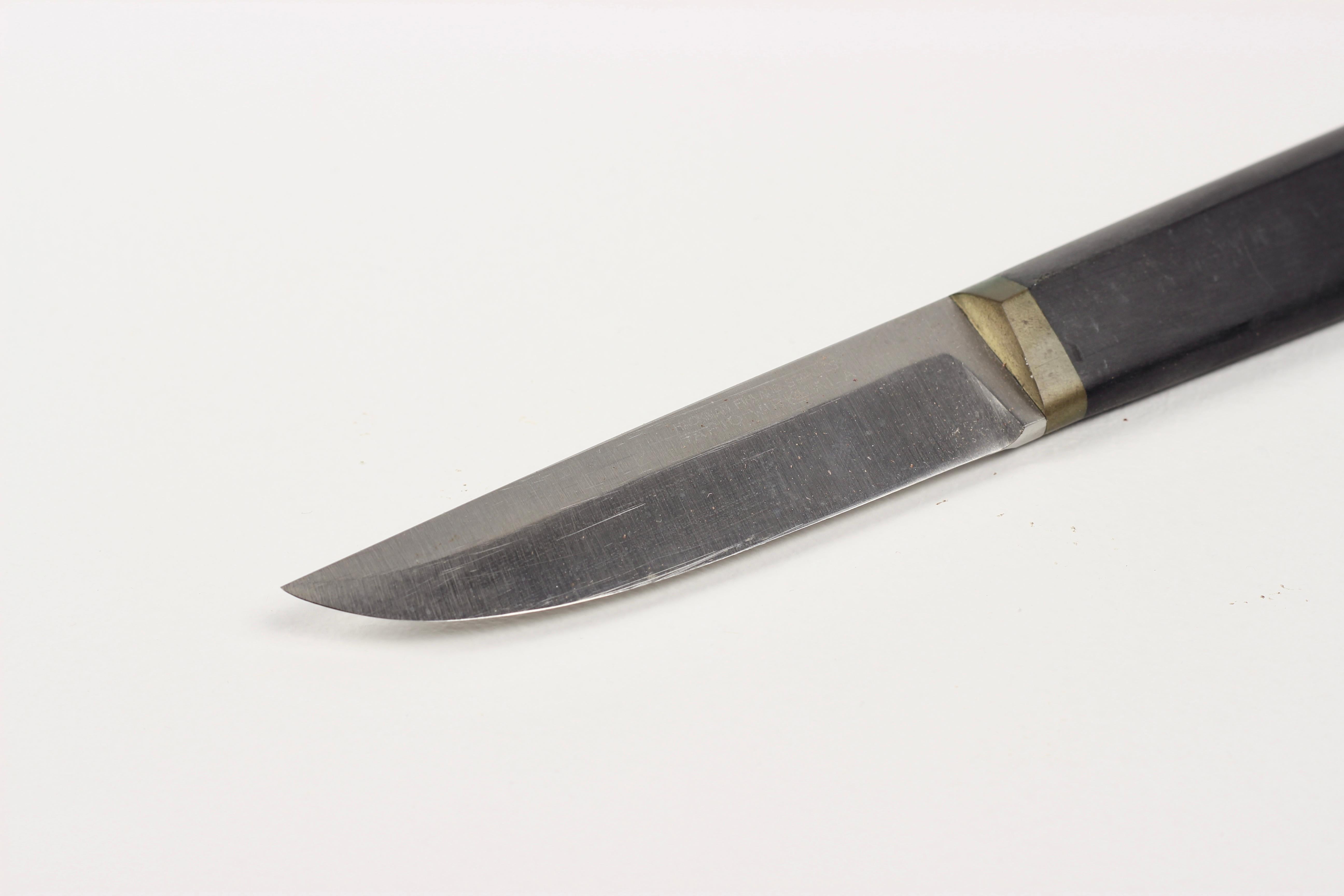 Scandinavian Modern Tapio Wirkkala Stainless Steel Puukko Knife with Leather Sheath Hackman Finland For Sale