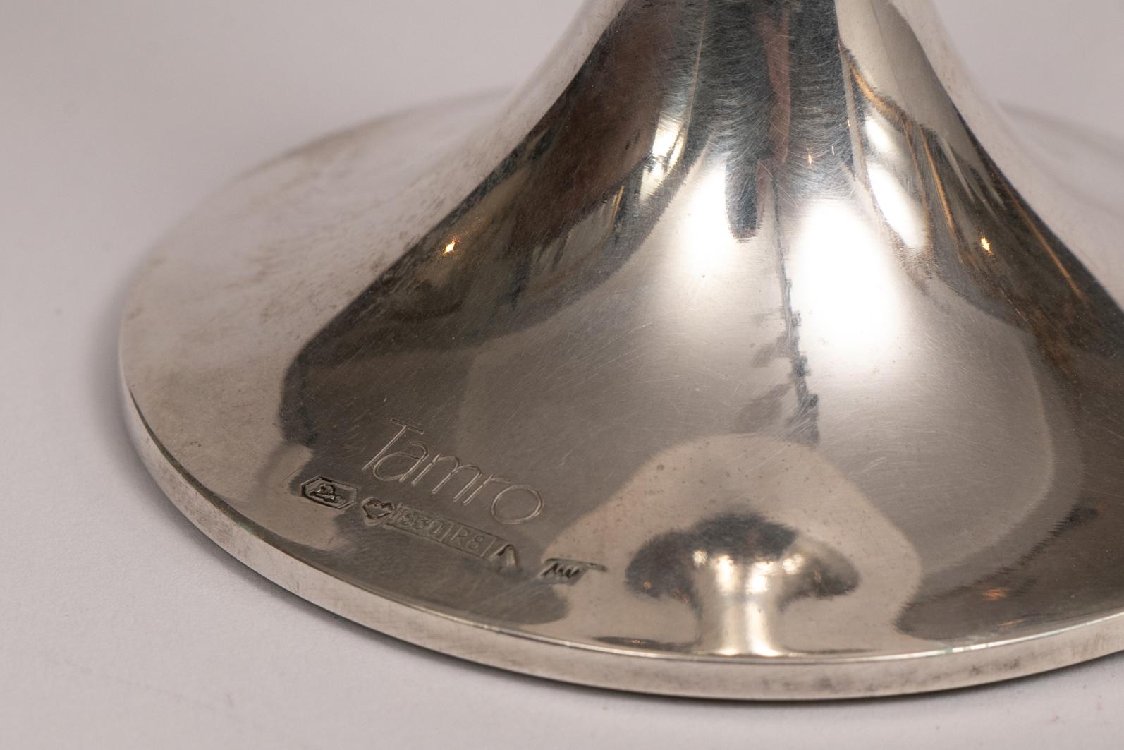 A Tapio Wirkkala sterling silver trumpet candlestick designed in 1963 and manufactured by Kultakeskus in 1994, Hämeenlinna, Finland. Excellent condition, has small graving on the base.