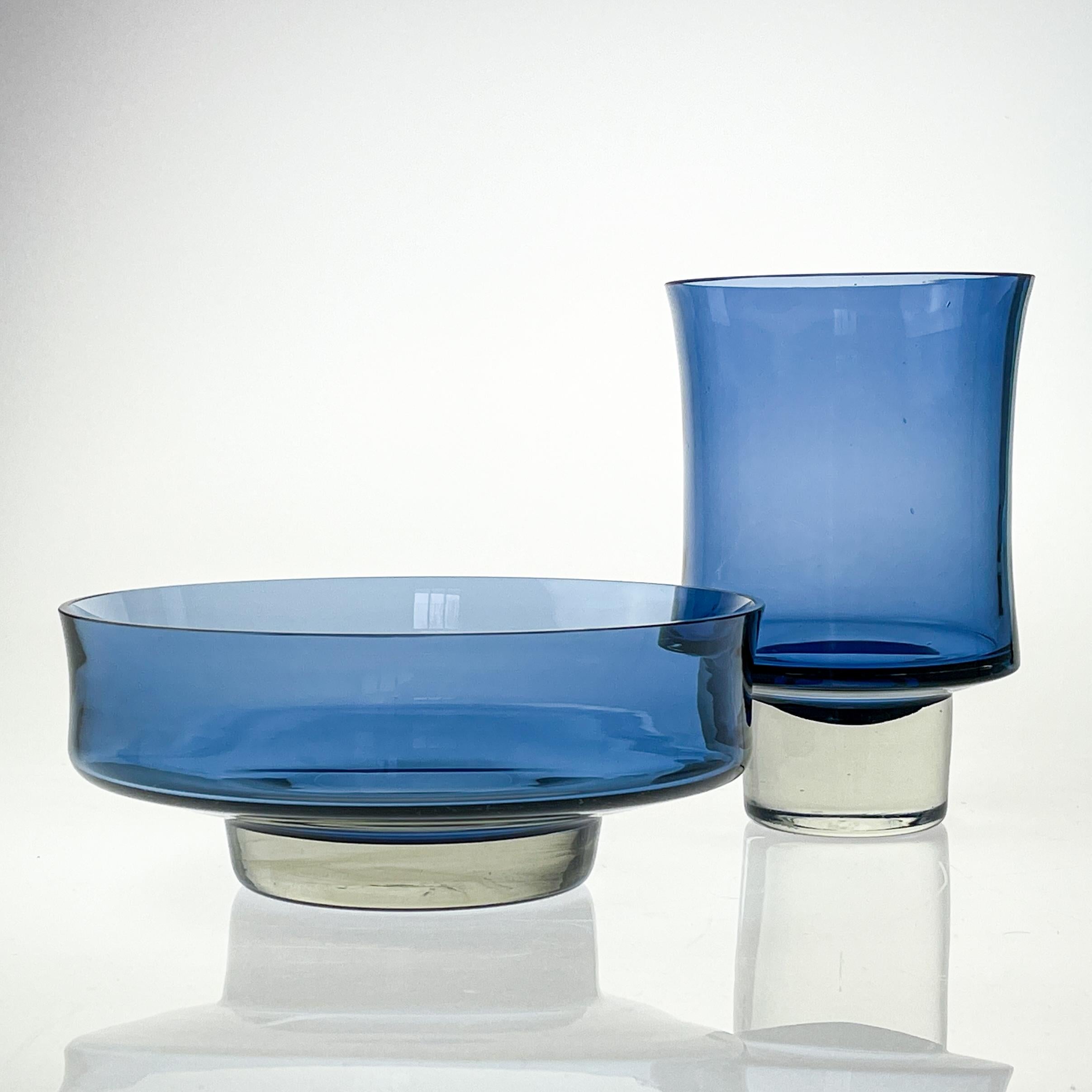 Finnish Scandinavian Modern Tapio Wirkkala Two Blue Clear Glass Art Objects Handblown   For Sale