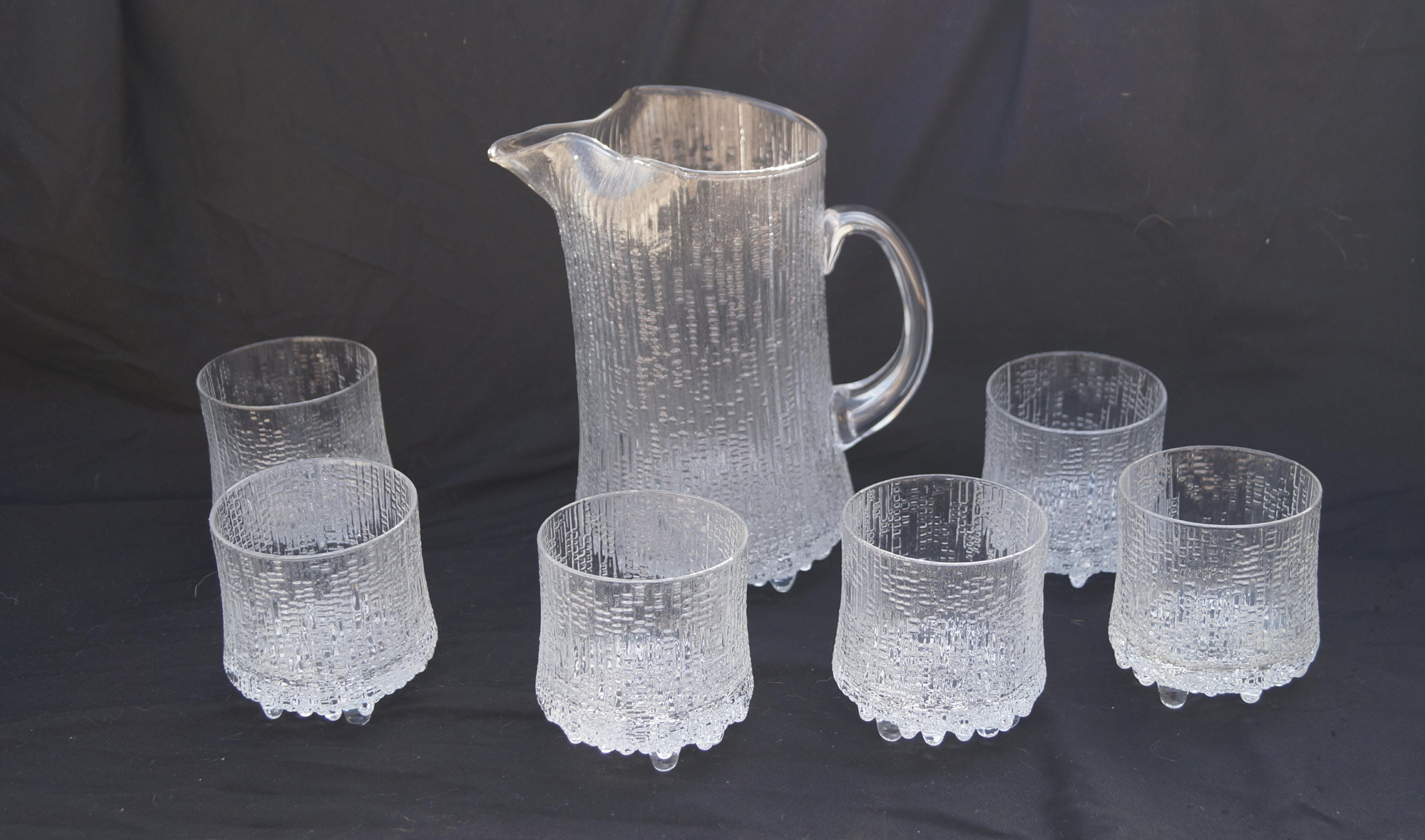 Tapio Wirkkala Ultima Thule Glass Pitcher On Rocks Old Fashioned Glasses Finland In Good Condition For Sale In Wayne, NJ