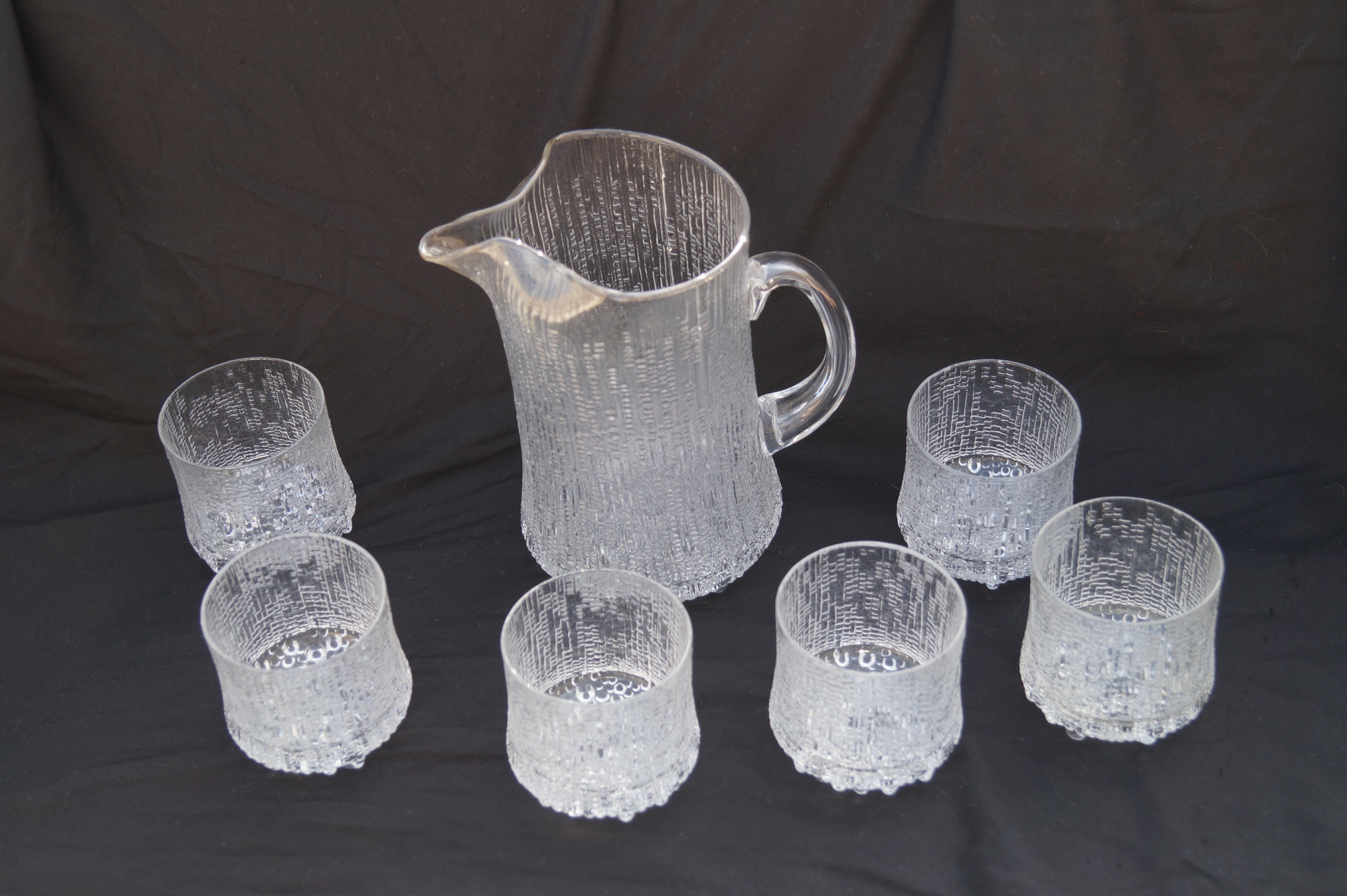 Mid-20th Century Tapio Wirkkala Ultima Thule Glass Pitcher On Rocks Old Fashioned Glasses Finland For Sale