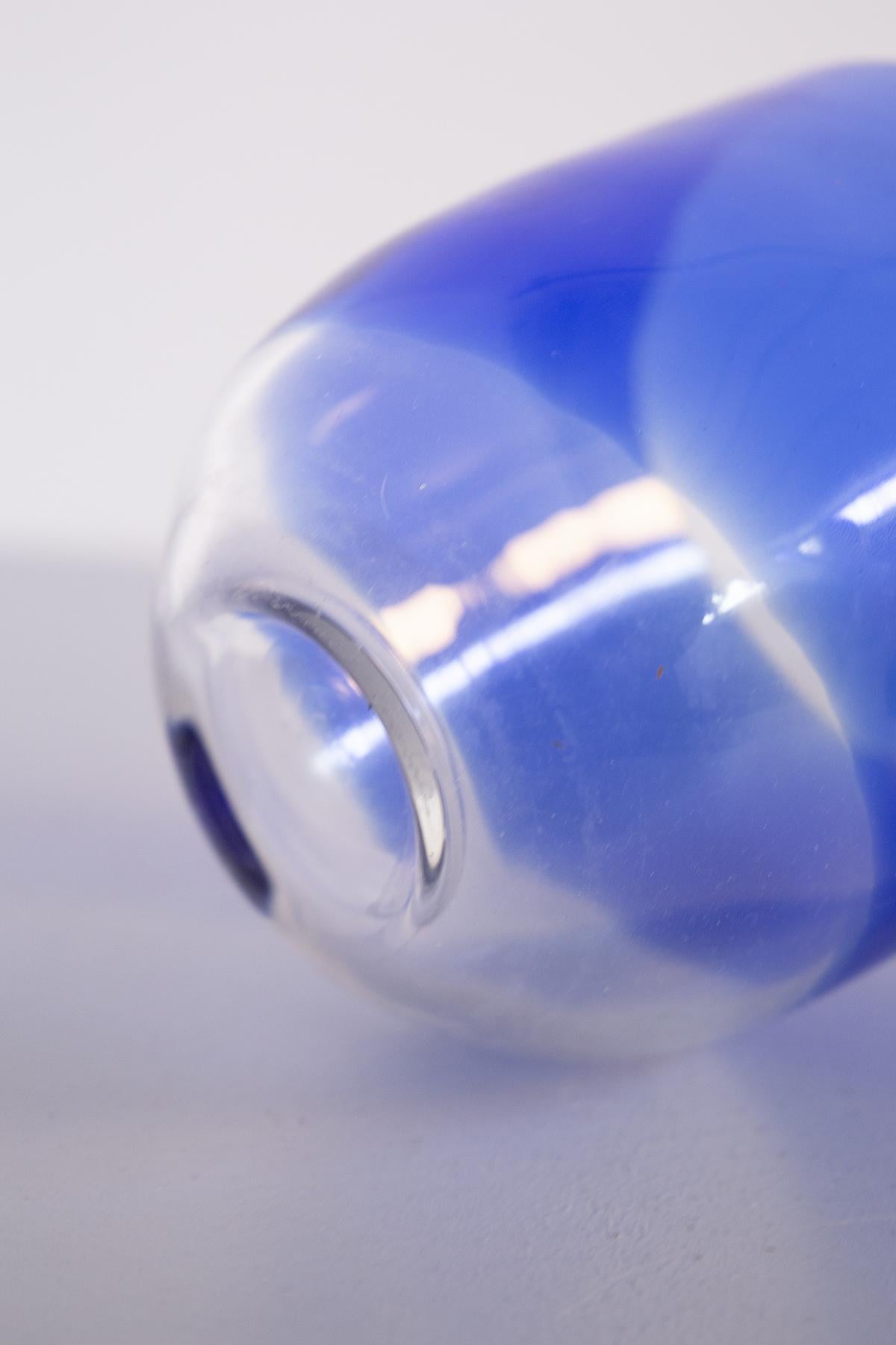 Italian Tapio Wirkkala Vintage Blue and Transparent Glass Vase for Venini For Sale