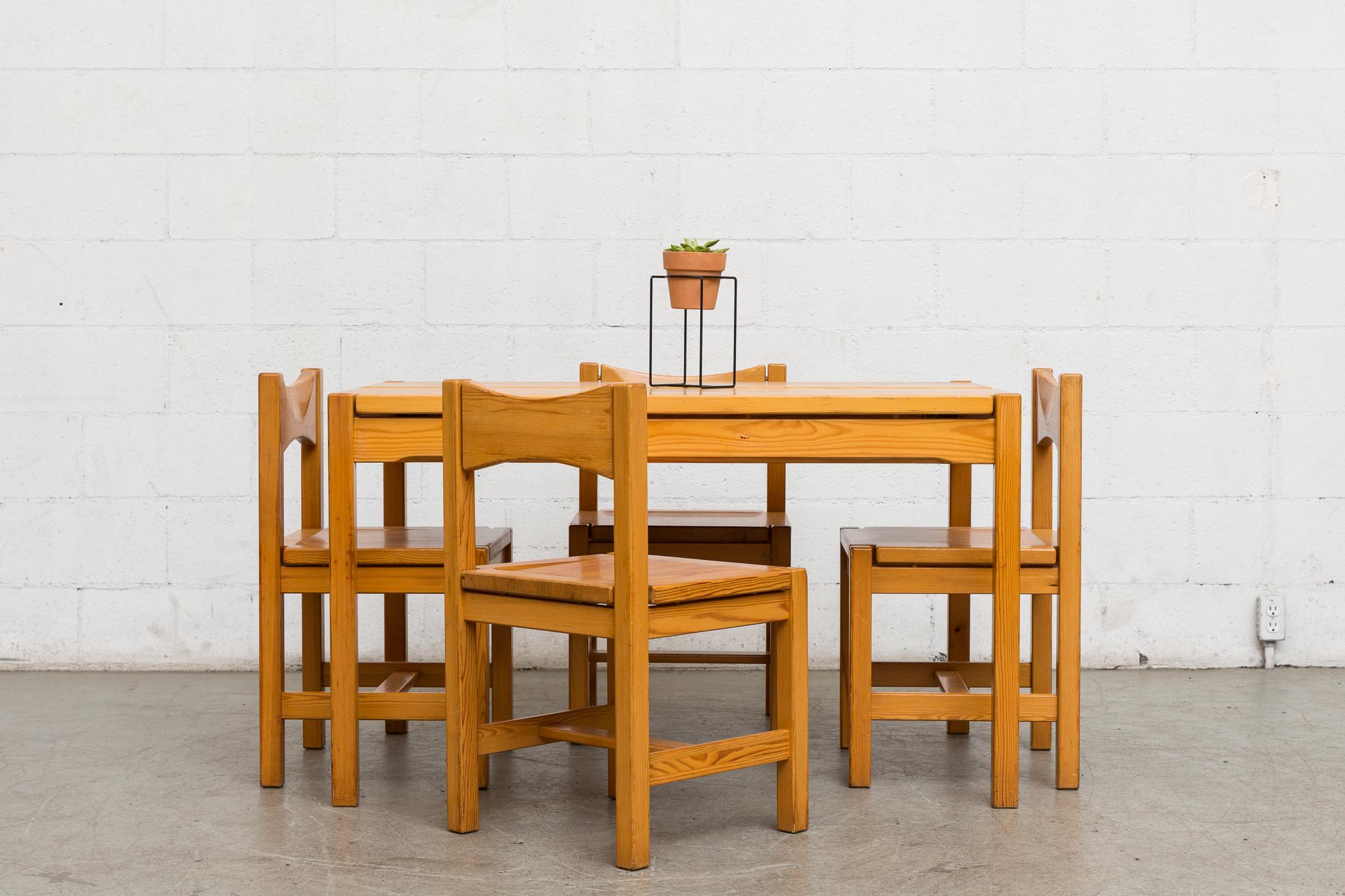 Midcentury pine dining set inspired by Ilmari Tapiovaara. Set consists of one dining table and four matching chairs. Lightly refinished. Good original condition. Set price. Chairs measure: 17.25 x 16.25 x 17/29.5.