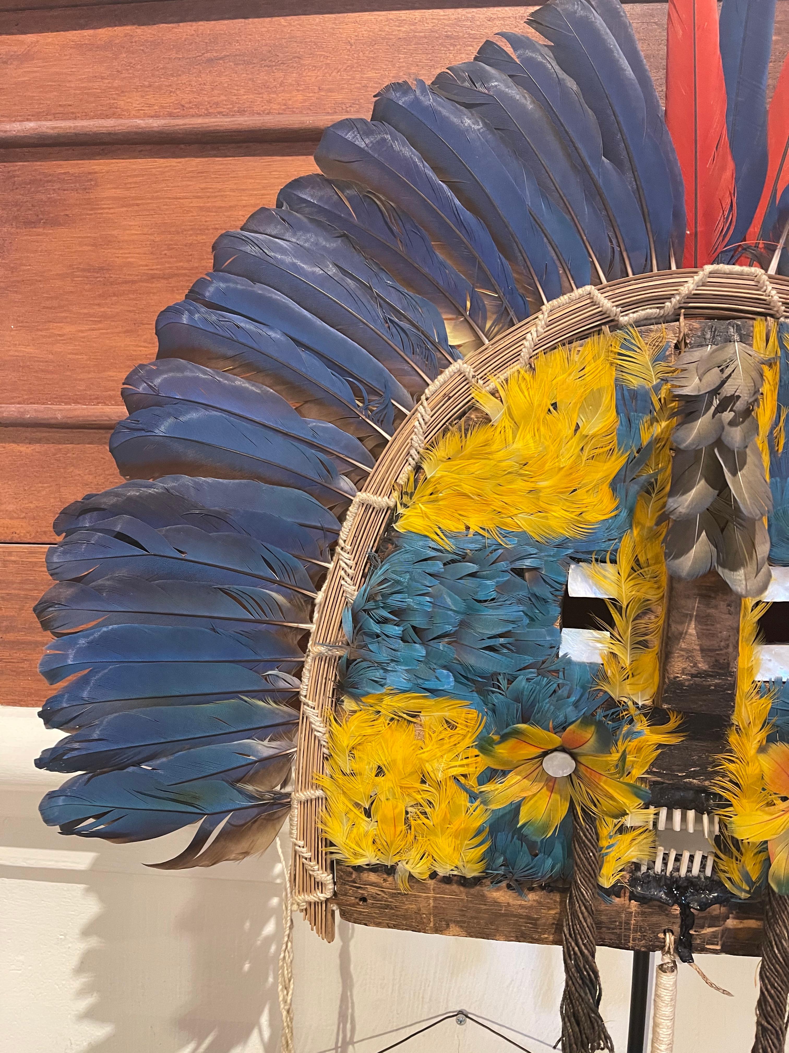 A Tapirapé Upé (ENEMY WARRIOR) mask

First half of the 20th century

Now worn during harvest festivals, these semi-circular wooden masks representing a spirit, are made of blue, yellow and scarlet macaw feathers affixed to a wood panel with