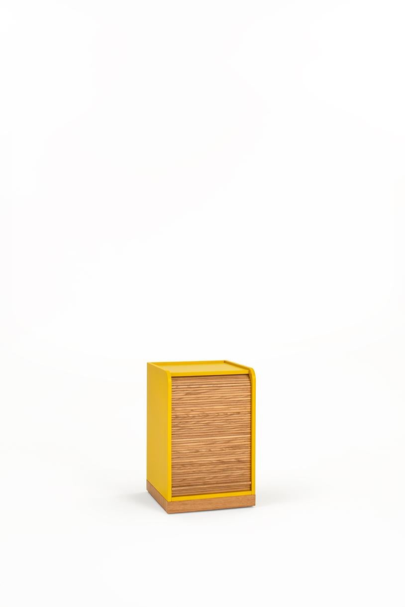 Minimalist Tapparelle Cabinet on Wheels by Colé, Mustard Yellow Handcraft Solid Oak Shutter For Sale