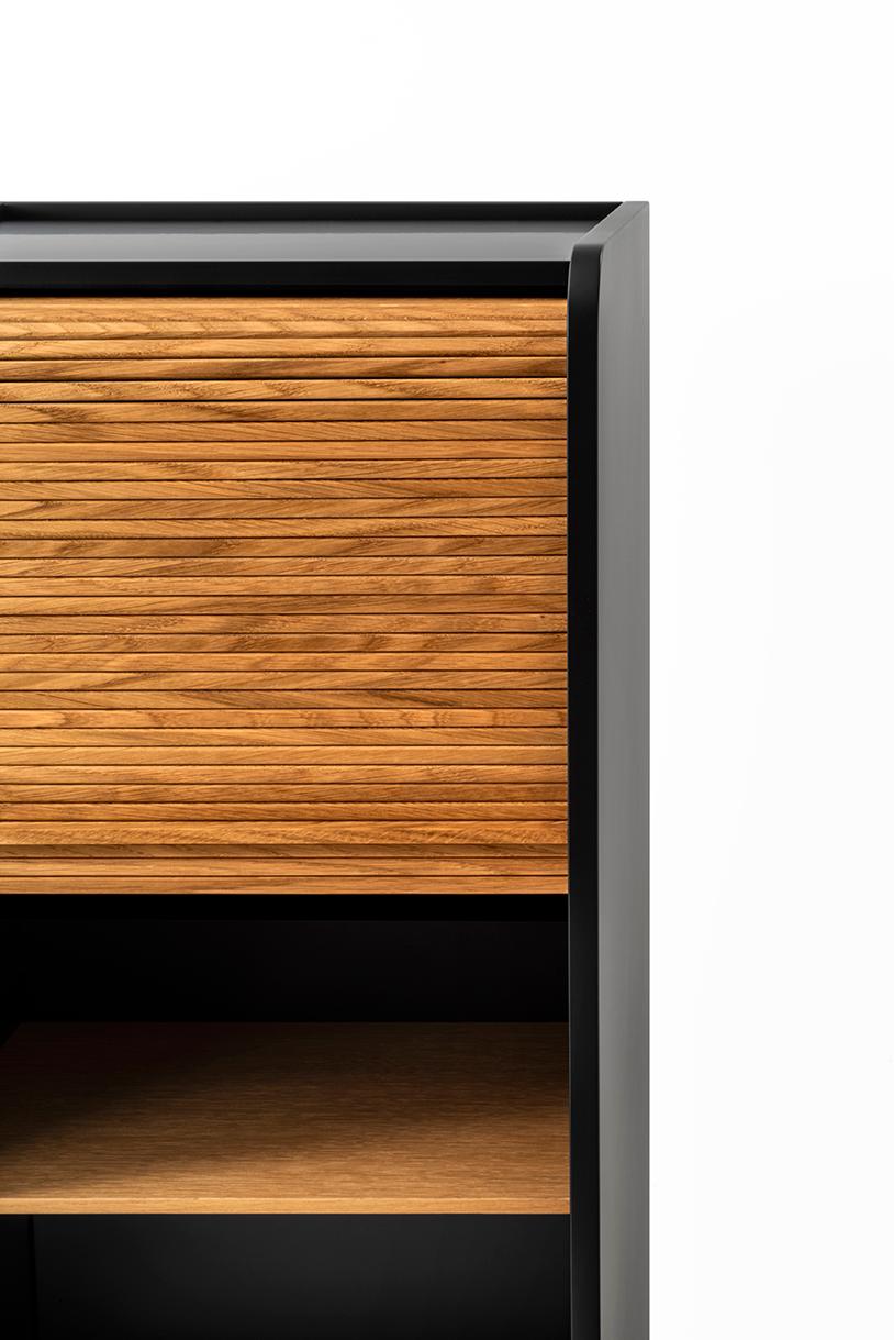 Minimalist Tapparelle L Cabinet Black Lacquered with Handmade Sliding Shutter in Solid Oak For Sale