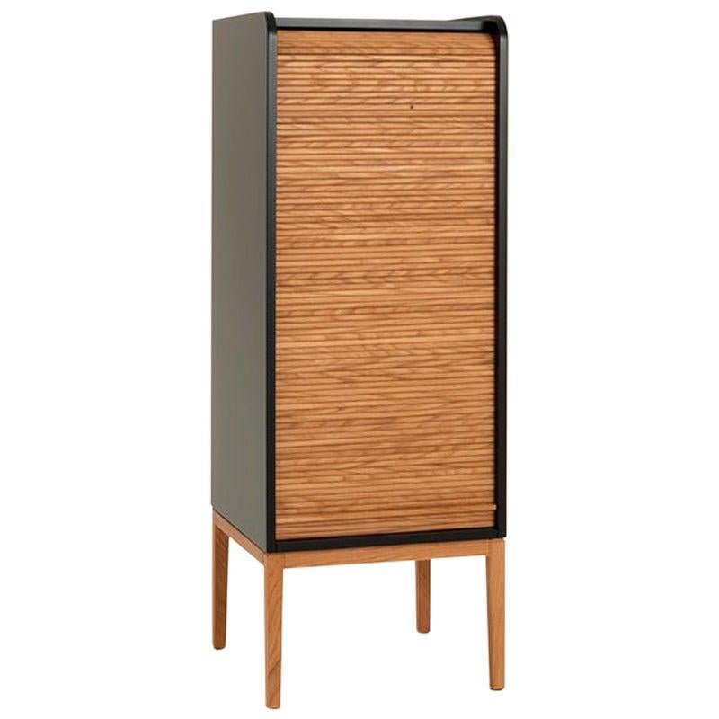 Tapparelle L Cabinet Black Lacquered with Handmade Sliding Shutter in Solid Oak For Sale