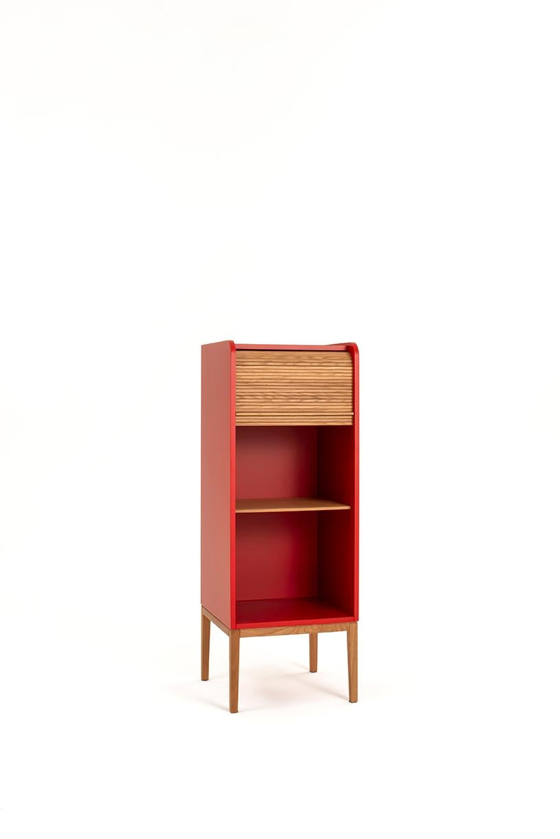 Minimalist Tapparelle L Cabinet Cherry Red; with Handmade Sliding Shutter in Solid Oak