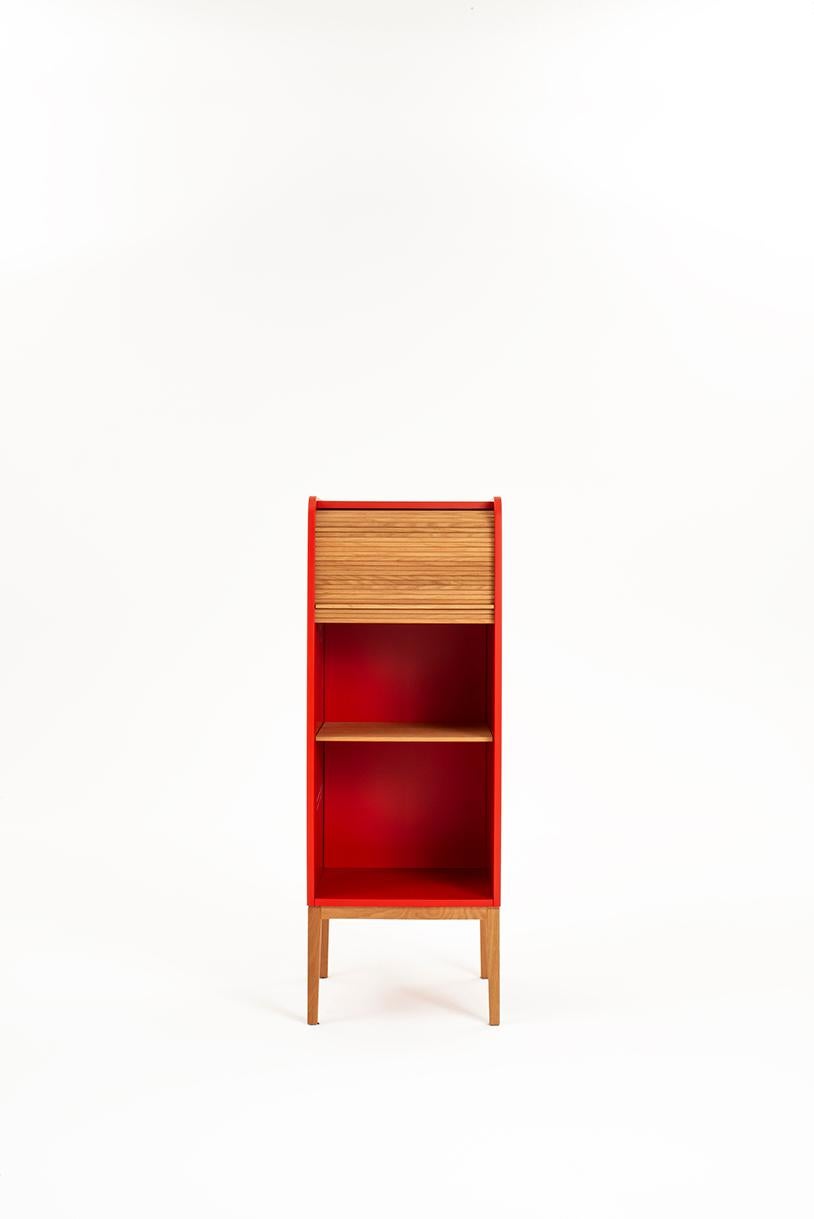 Minimalist Tapparelle L Cabinet Cherry Red; with Handmade Sliding Shutter in Solid Oak For Sale