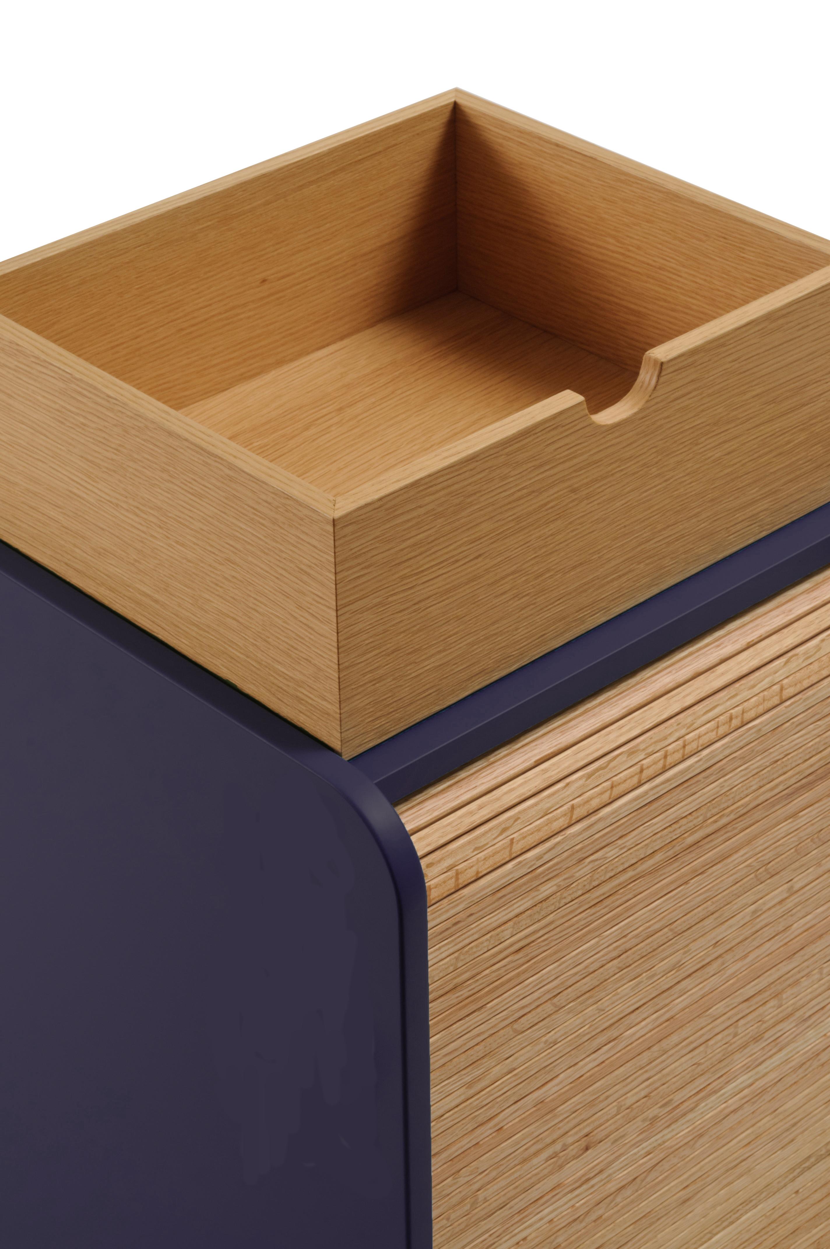 Tapparelle roll cabinet belongs to a collection of elements that explore the traditional technique of antan office furniture with sliding shutters no longer in use, turning them into furniture for the contemporary home with soft and unusual