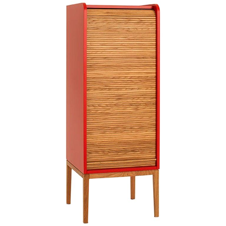 Tapparelle M Cabinet Cherry Red, with Handmade Sliding Shutter in Solid Oak For Sale