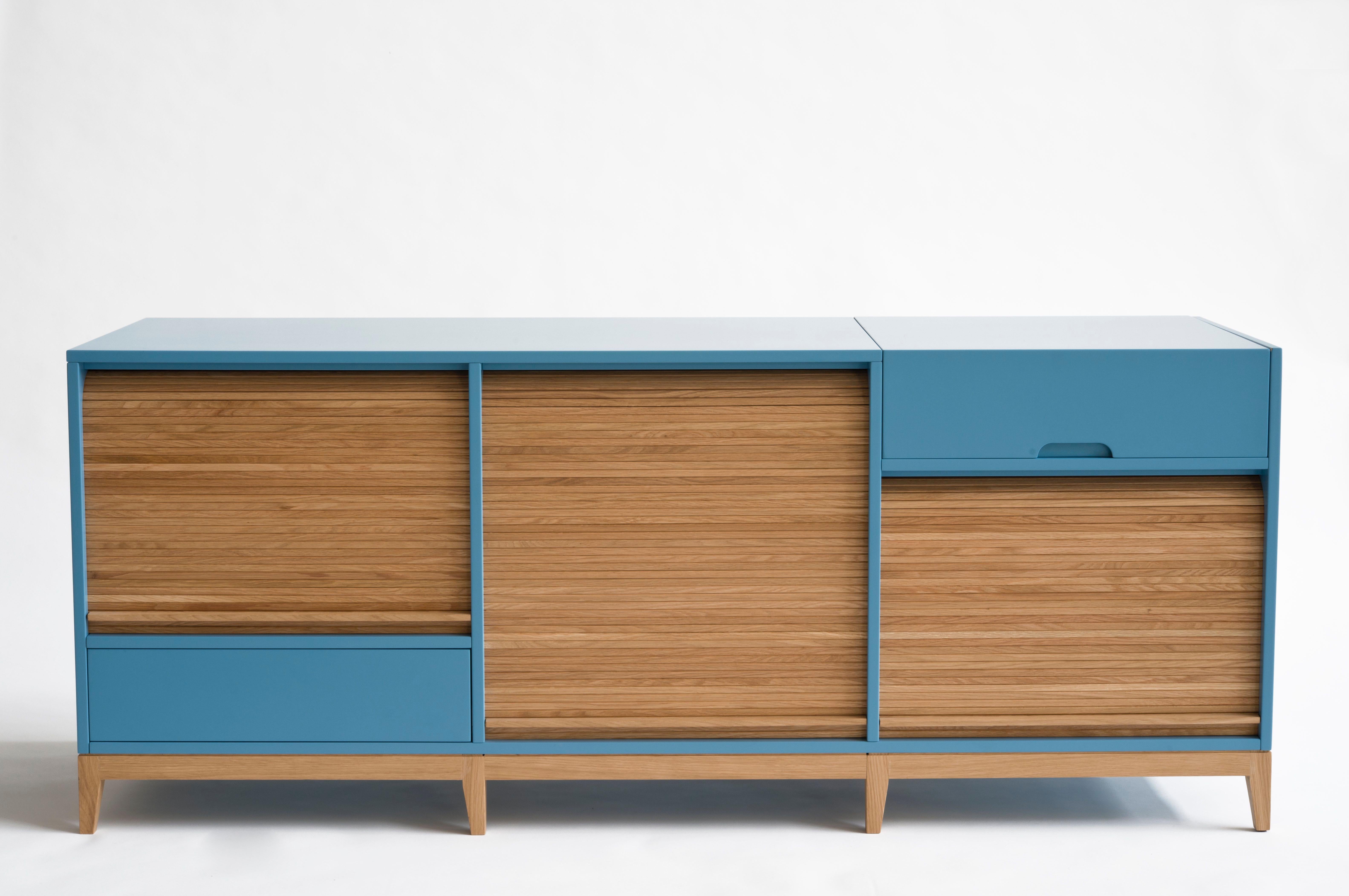 Oak Tapparelle Medium Cabinet, Blue / Gray by Colé Italia For Sale