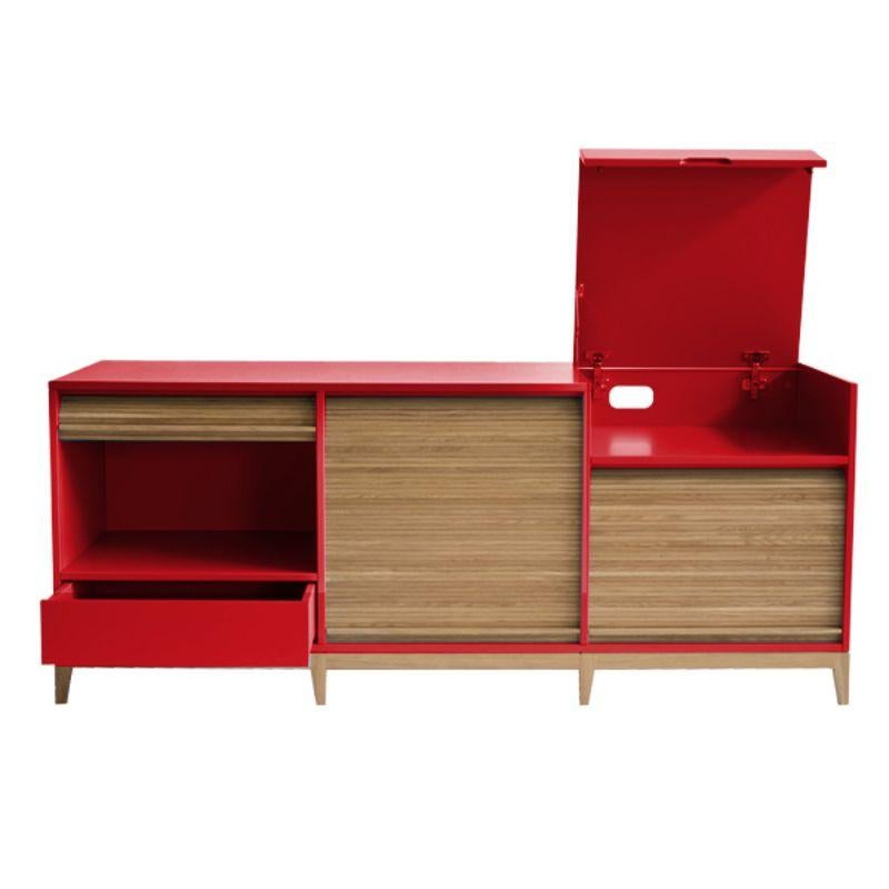 Tapparelle sideboard, cherry red by Colé Italia with Emmanuel Gallina
Dimensions: H.75 D.50 W.160 cm.
Materials: Container with legs and “tapparella” sliding shutter in solid oak. Matt lacquered structure;
1 Push-pull drawer and a a folding door