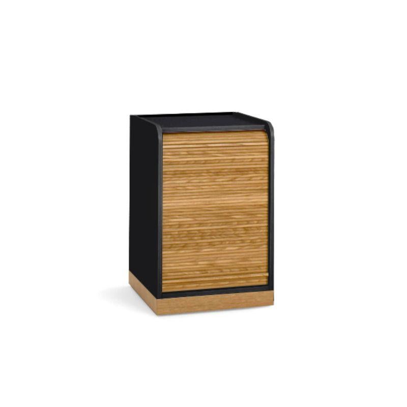 Tapparelle wheels cabinet, black by Colé Italia with Emmanuel Gallina
Dimensions: H.55 D.40 W.40 cm
Materials: Container on wheels with plinth and “tapparella” sliding shutter in solid oak.
Matt lacquered structure; handle in leather; inside 1