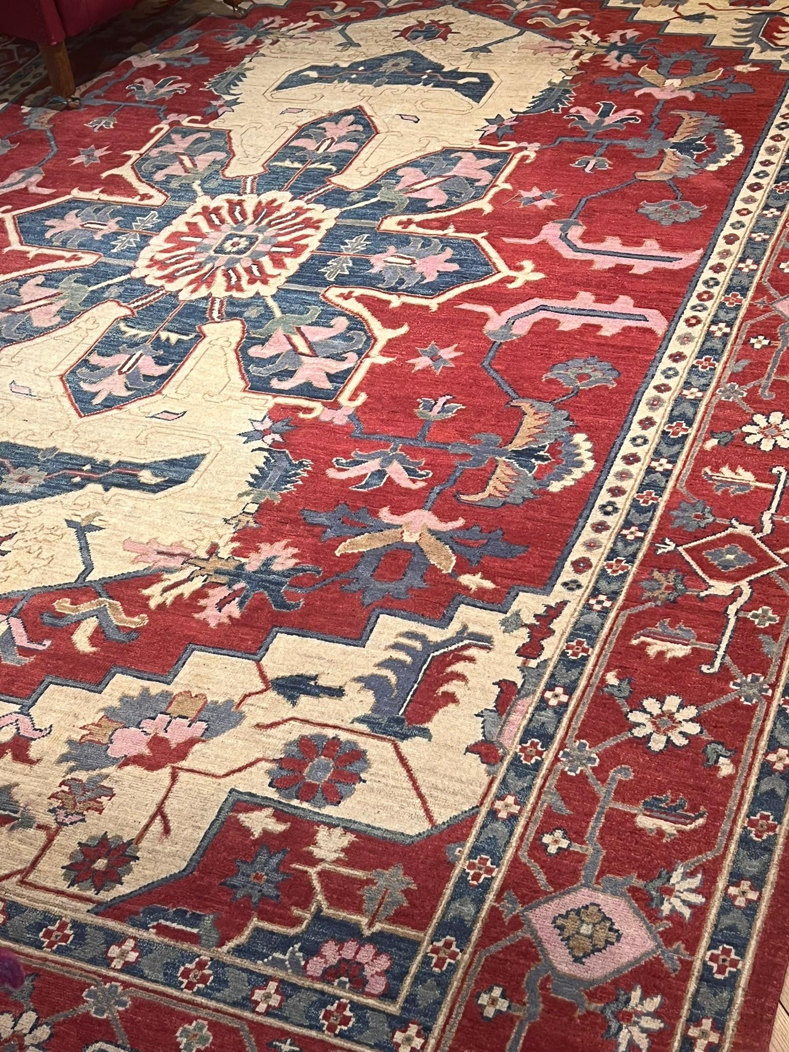 Afghan Hand-knotted carpet design inspired by ancient Serapis red and blue tones For Sale