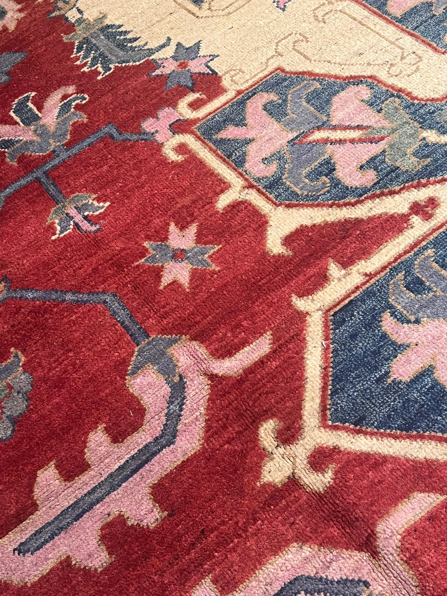 Contemporary Hand-knotted carpet design inspired by ancient Serapis red and blue tones For Sale