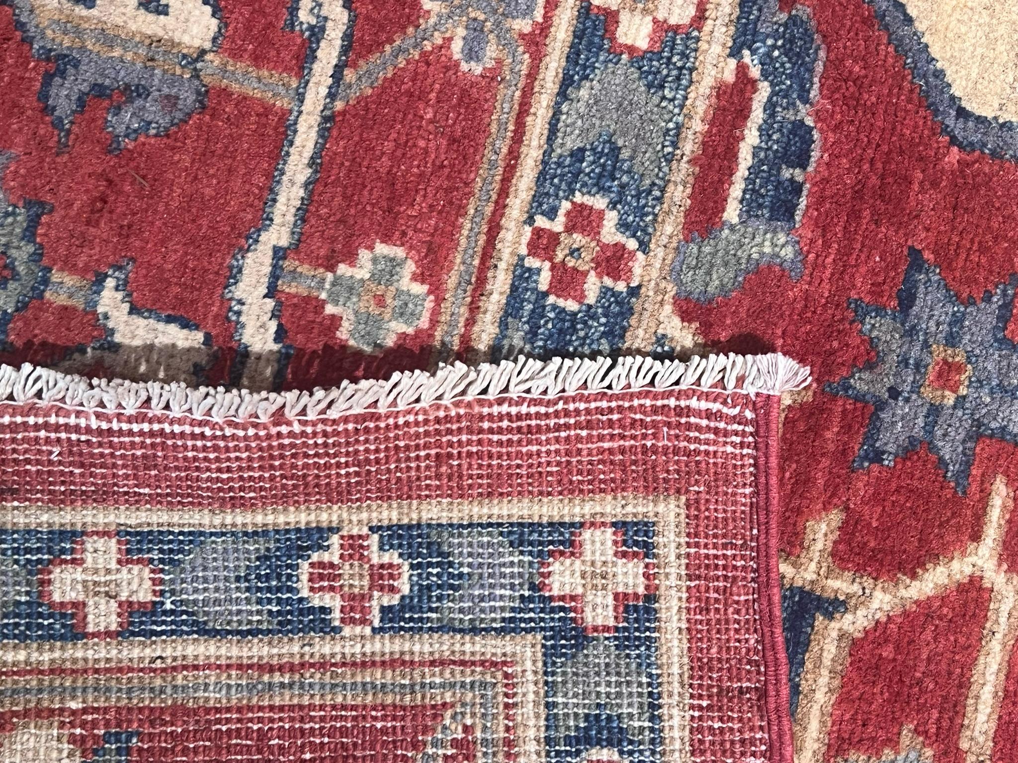 Wool Hand-knotted carpet design inspired by ancient Serapis red and blue tones For Sale